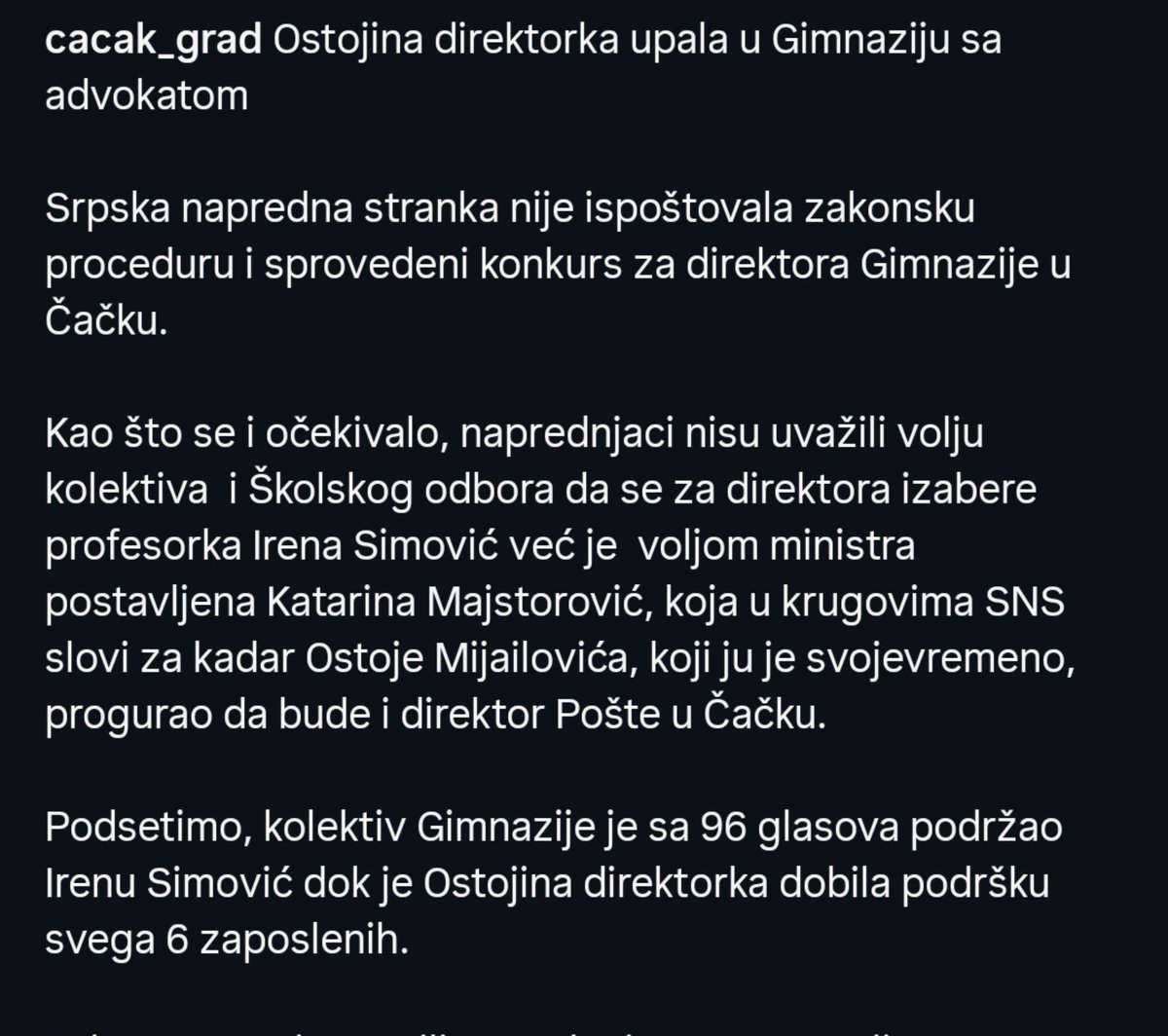 SlavicaPetrovs1's tweet photo. Jutros je SNS oteo čačansku gimnaziju, sa 96 glasova protiv i samo 6 za režimsku personu, ona je jutros sa advokatom zauzela fotelju. U Čačku ovo ne prolazi! Ćacad koja u životu nije kročila u našu poznatu gimnaziju misli da može ovako! E ovo vam neće proći! https://t.co/QPcCQxr0Ft
