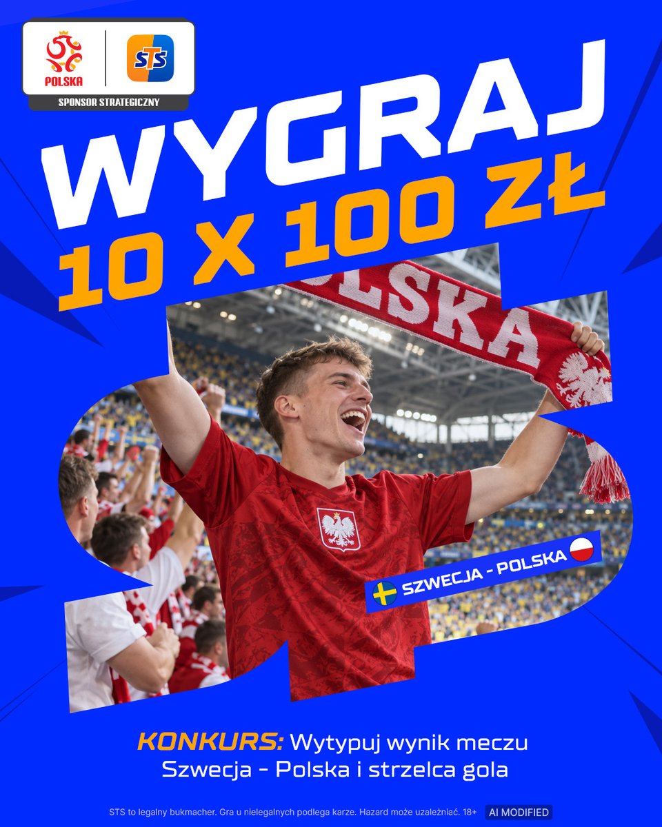 stspolska's tweet photo. ZAPRASZAM NA KONKURS!  🇵🇱
👉Zaobserwuj profil STS, polub i podaj dalej ten post
👉Wytypuj wynik i strzelca w meczu Szwecja-Polska
👉Dodaj #LiczySięBardziej
👉Typuj do 20:45

💸10x100 PLN bonus
Regulamin: https://t.co/uXXk190tfa

🇵🇱 STS - Strategiczny sponsor reprezentacji Polski https://t.co/ipP4dsKYac