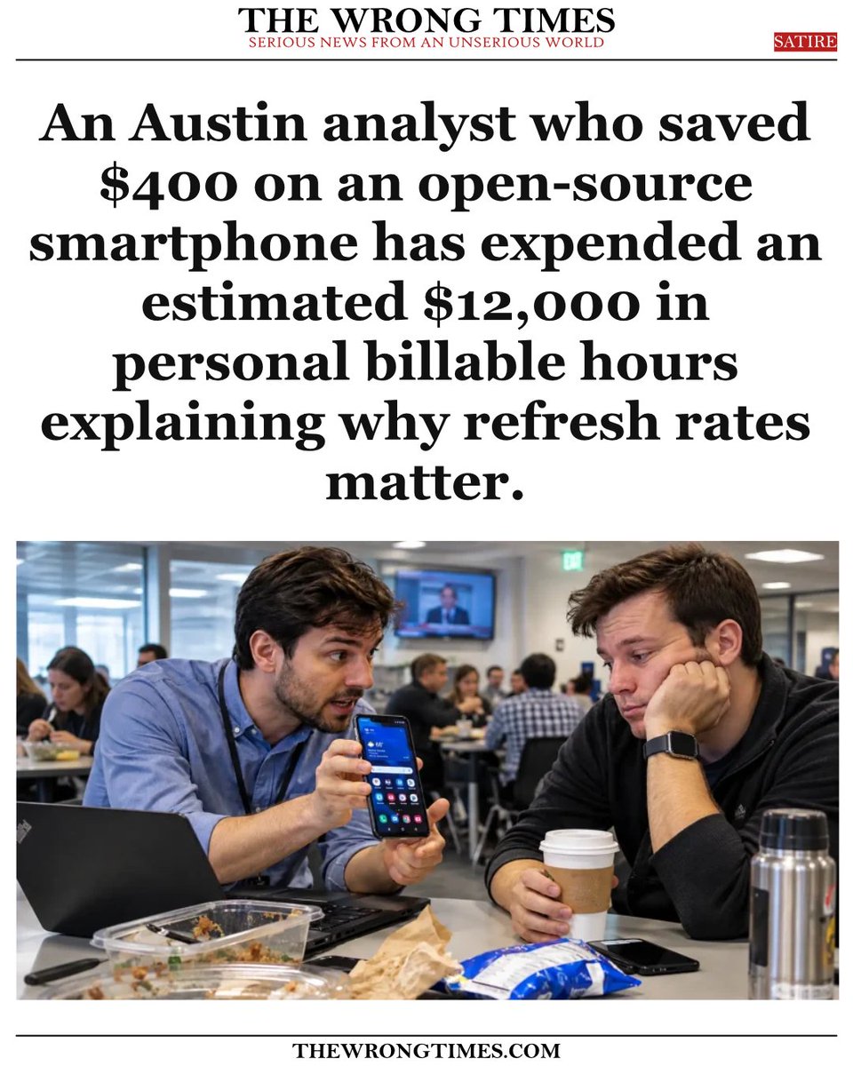 TheWrongTimes's tweet photo. Man purchases Android to save $400, begins unpaid full-time career defending operating system.

Coworkers confirmed the employee has delivered forty hours of unsolicited hardware lectures to protect his initial consumer surplus.

#iphone #android #apple #better https://t.co/mPEi0PqIla