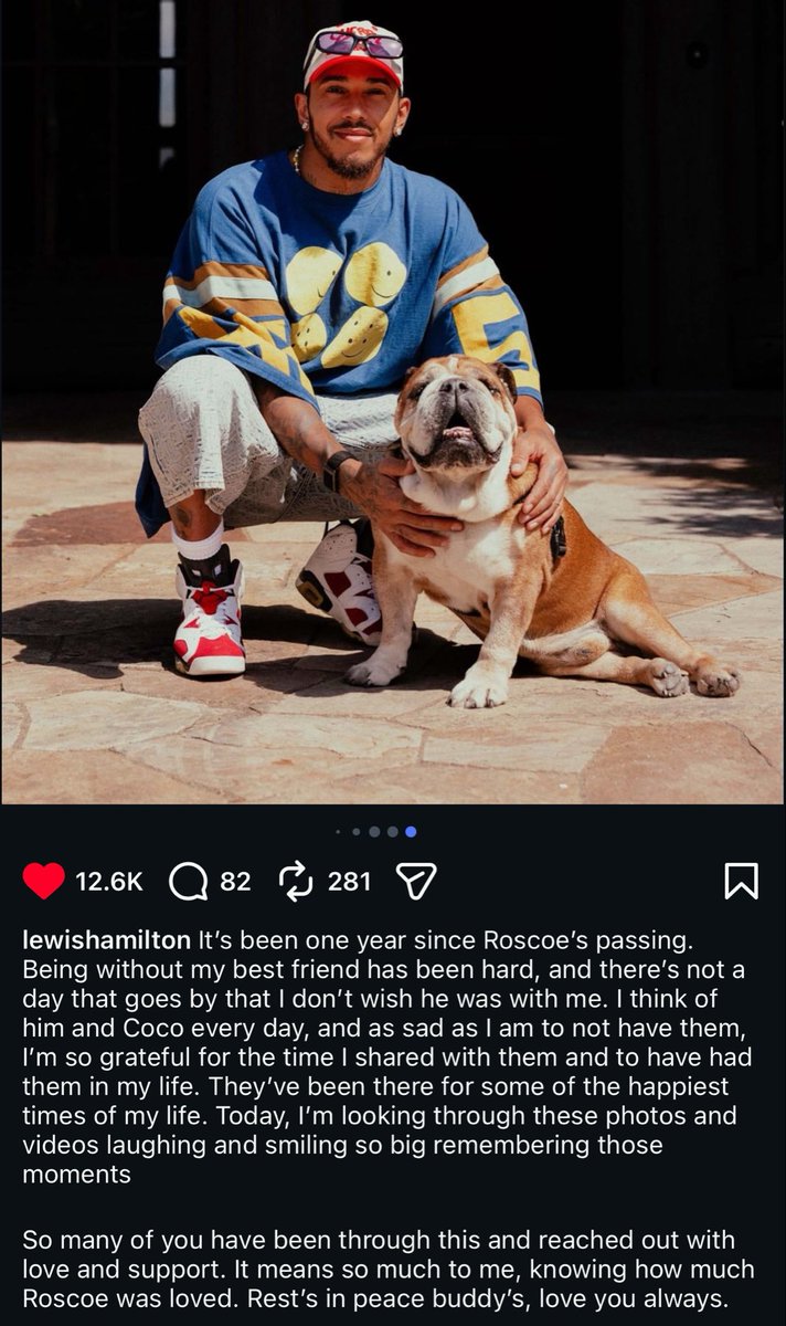 paddockfiles's tweet photo. Lewis Hamilton via Instagram, remembering Roscoe one year on. 

“I’m so grateful for the time I shared with them and to have had them in my life.” 🥺 https://t.co/Tfj9UHbWcx