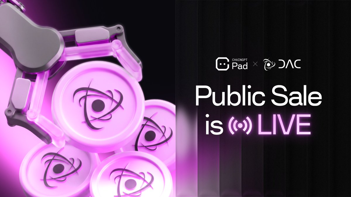 ChainGPT_Pad's tweet photo. The $DACT Public Sale is LIVE!

The window to commit funds is now open.

Eligible users can participate during the sale window, as long as KYC is completed.

Join the sale → https://t.co/g3IKU6kqNp https://t.co/qgNK2L2S7a