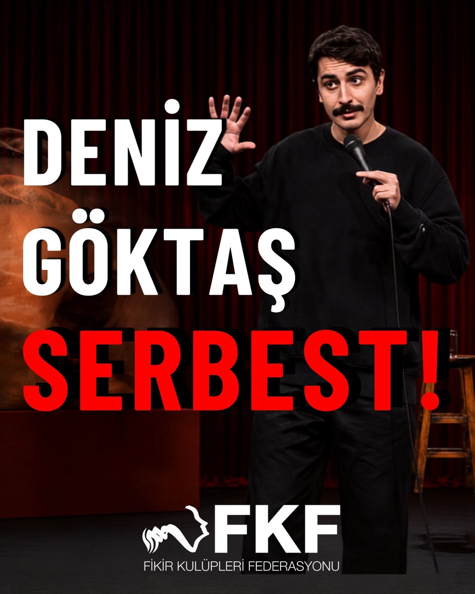 FKF_sm's tweet photo. “Ölü Deniz” gösterisi gerekçe gösterilerek 88 gün boyunca tutuklu kalan Deniz Göktaş, bugün tahliye edildi.

Sanata, fikre, söze ve aydına düşman olanlar, Deniz’i 88 gün boyunca hukuksuz bir biçimde özgürlüğünden mahrum bıraktı.

Yurttaşlarımızın hukuksuz ve gayrimeşru uygulamalarla yargılanmadığı bir Türkiye’yi kurana kadar mücadele edeceğiz.