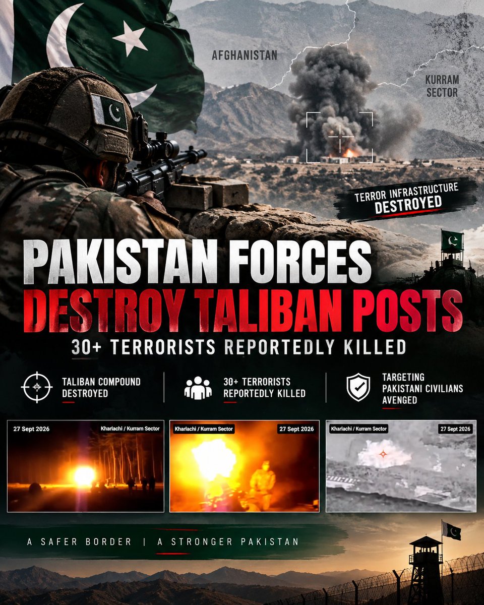 janajani787's tweet photo. 🚨🇵🇰 #Pakistan Forces destroyed #Afghan Taliban posts targeting Pakistani civilians near #Kurram border.  #Taliban compound post holding reinforcements was destroyed, with 30+ Taliban terrorists reportedly killed. #Taliban now fear Pakistan’s airstrikes. 🇵🇰🔥 https://t.co/8RlcRLy6qt