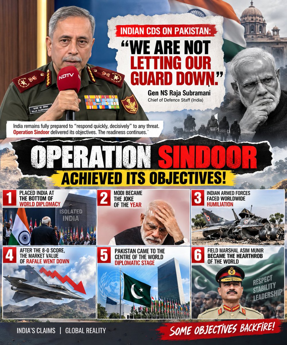 Hiraabbasi2020's tweet photo. The #Indian CDS is very much right in saying Operation Sindoor achieved its objectives: 
▪️It has placed India at the bottom of world diplomacy. 
▪️Modi became the joke of the year. 
▪️The Indian Armed Forces faced worldwide humiliation. 
▪️After the 8-0 score, the market value of Rafale went down. 
▪️ Pakistan came to the centre of the world diplomatic stage.
▪️Field Marshal Asim Munir became the heartthrob of the world.  
#India #7thMayWar #OperationSindoor