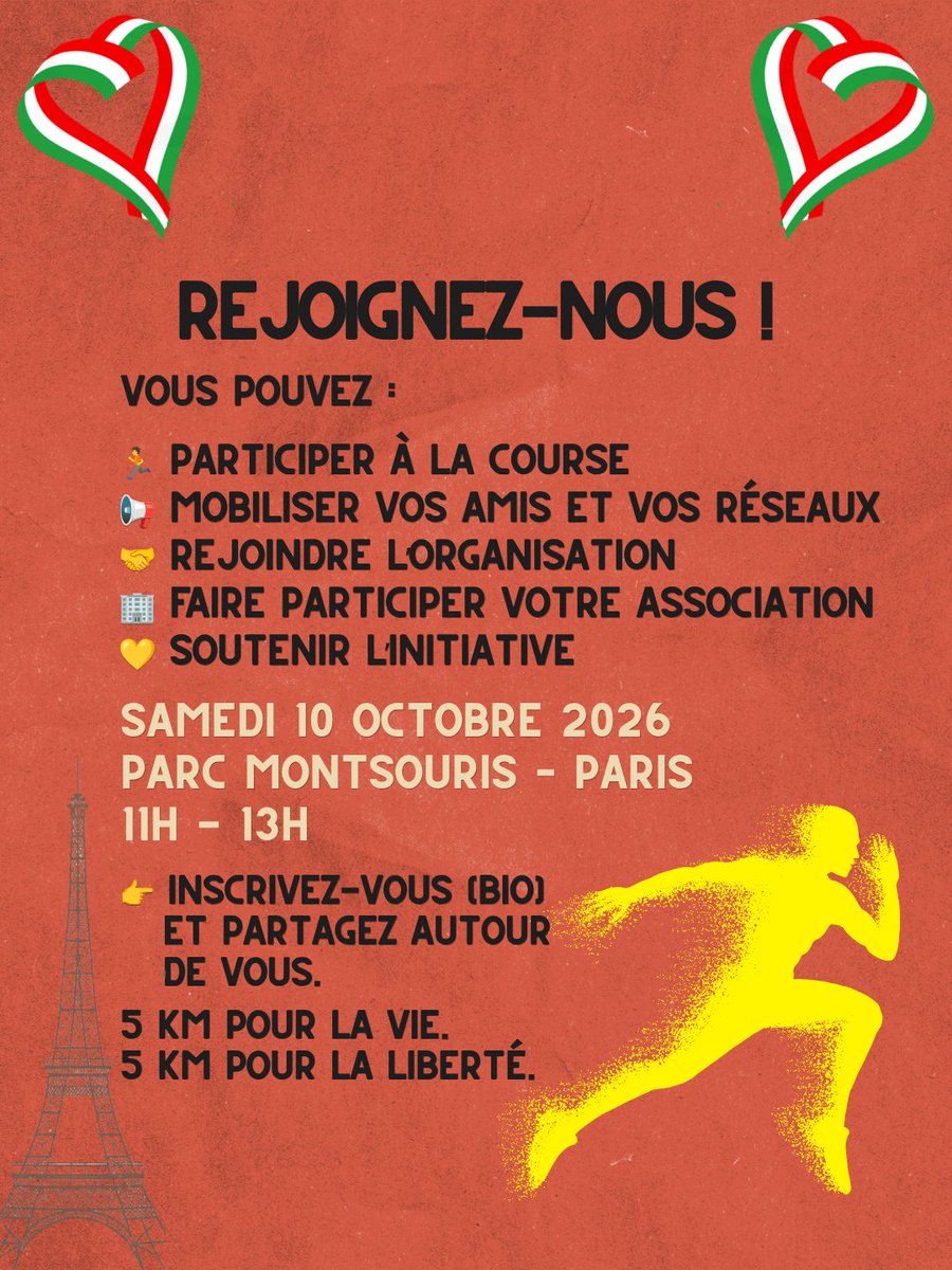 CSDHI's tweet photo. À l’occasion de la Journée mondiale contre la peine de mort, nous vous invitons à participer à une course symbolique à #Paris pour dire NON aux exécutions en #Iran 👇👇
🏃‍♀️🏃‍♂️ Samedi 10 octobre 2026
📍 Paris – Parc Montsouris
🕚 11h – 13h
📝 Inscription : https://t.co/uYGjAyzZ6j https://t.co/3GFQI8o9cW