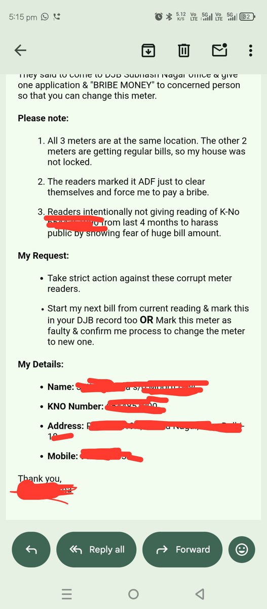 imjkaushik's tweet photo. @DelhiJalBoard @Ceo_djb @CMODelhi @LtGovDelhi Forwarded mail to  CEO DJB, CM Delhi and PGMS Delhi. Also complaint on CM Jan Sunwai Portal. Let's see what happen. Fingers crossed https://t.co/ihu46KTDB1