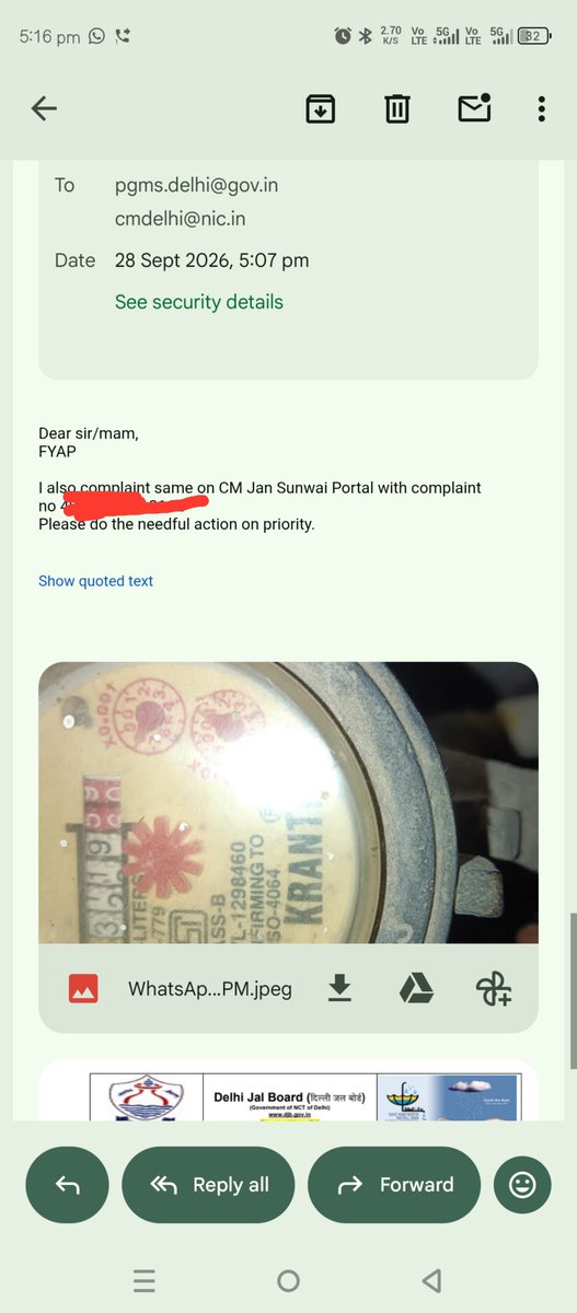 imjkaushik's tweet photo. @DelhiJalBoard @Ceo_djb @CMODelhi @LtGovDelhi Forwarded mail to  CEO DJB, CM Delhi and PGMS Delhi. Also complaint on CM Jan Sunwai Portal. Let's see what happen. Fingers crossed https://t.co/ihu46KTDB1