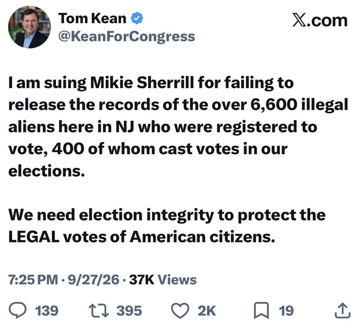 ScottPresler's tweet photo. BREAKING

Congressman Tom Kean is suing Governor Mikie Sherrill for refusing to release the records of 

6,600 non-citizens registered to vote in New Jersey. 

Yes, illegal aliens are registered to vote &amp; they are voting. https://t.co/gVKJlivc38