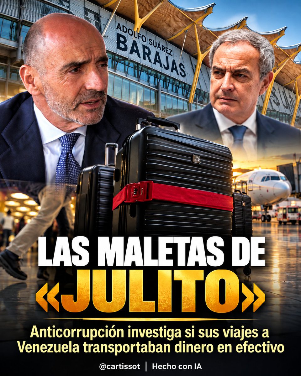 cartissot's tweet photo. 🚨 ANTICORRUPCIÓN INVESTIGA LOS VIAJES DE «JULITO» CON MALETAS QUE VOLVÍAN VACÍAS

Entre 10 y 15 viajes al extranjero, principalmente a Venezuela, y un patrón que ha puesto el foco de los investigadores sobre Julio Martínez, «Julito»: salía con dos maletas y una bolsa cargadas al límite y regresaba con ellas vacías. Los desplazamientos duraban menos de 24 horas. 

Ahora Anticorrupción trata de determinar si dentro viajaban fajos de billetes que acababan ingresados en una cuenta en el extranjero. Y aquí aparece un detalle clave: la Agencia Tributaria no tiene constancia, según la información publicada, de que presentara el modelo S-1 exigido para movimientos de efectivo iguales o superiores a 10.000 euros. 

Pero espera, porque hay más. La tesis que manejan los investigadores, es que Martínez pudo mover esas cantidades sin levantar sospechas gracias a una red de contactos. Entre ellos figura Jesús María Gómez Martín, entonces jefe policial del aeropuerto de Barajas y actualmente máximo responsable de la Policía Nacional en Canarias. Se trata de una línea de investigación, no de un hecho probado. 

Y el recorrido no terminaba necesariamente en el aeropuerto: tras regresar a Madrid, «Julito» se dirigía directamente a una finca de acceso restringido de El Pardo para reunirse con José Luis Rodríguez Zapatero. La mayoría de esos viajes se concentraron en 2022, después de que Plus Ultra hubiera recibido los 53 millones de euros de ayuda pública. 

Hay un último dato: en diciembre de 2025, la Policía encontró 286.070 euros en efectivo durante el registro de la vivienda de Martínez. Él atribuyó el dinero a una operación inmobiliaria no declarada a Hacienda; los investigadores, según la exclusiva, sospechan que podría representar solo una parte del efectivo que manejaba. 

━━━━━━━━
📌 Esta es mi otra cuenta, por si algún día me tumban la actual. Si puedes, te agradecería que me siguieras por aquí también: @CarlaSaltarina
 
¡Muchas gracias! 🙏
━━━━━━━━

📰 Fuente: @eldebate_com | Exclusiva de Alejandro Entrambasaguas