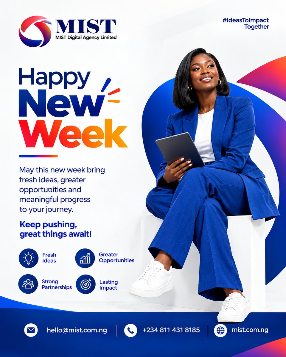 mistdigital_ng's tweet photo. A new week brings fresh ideas, new opportunities, and another chance to turn possibilities into meaningful progress.

This week, we're looking forward to:
💡 Fresh Ideas
📈 Greater Opportunities
🤝 Stronger Partnerships

#HappyNewWeek #MISTDigitalAgency #IdeasToImpact https://t.co/I5IRqP8cLB