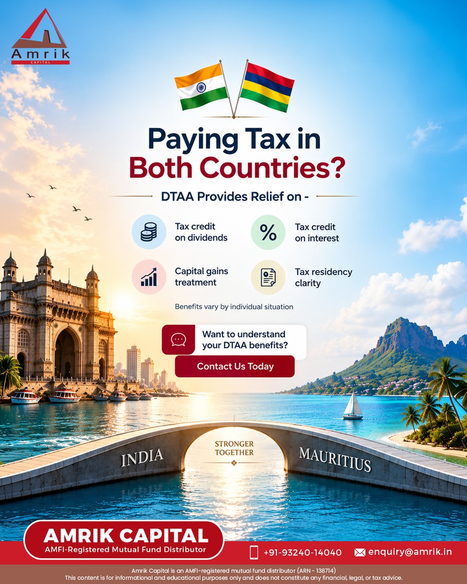 AmrikCapital's tweet photo. 🇮🇳🇲🇺 Living in Mauritius?

India–Mauritius DTAA may help eligible taxpayers avoid double taxation on certain income.

Know how it applies to you.

#DTAA #NRIInvesting #MauritiusTax https://t.co/rRyo0BnywQ