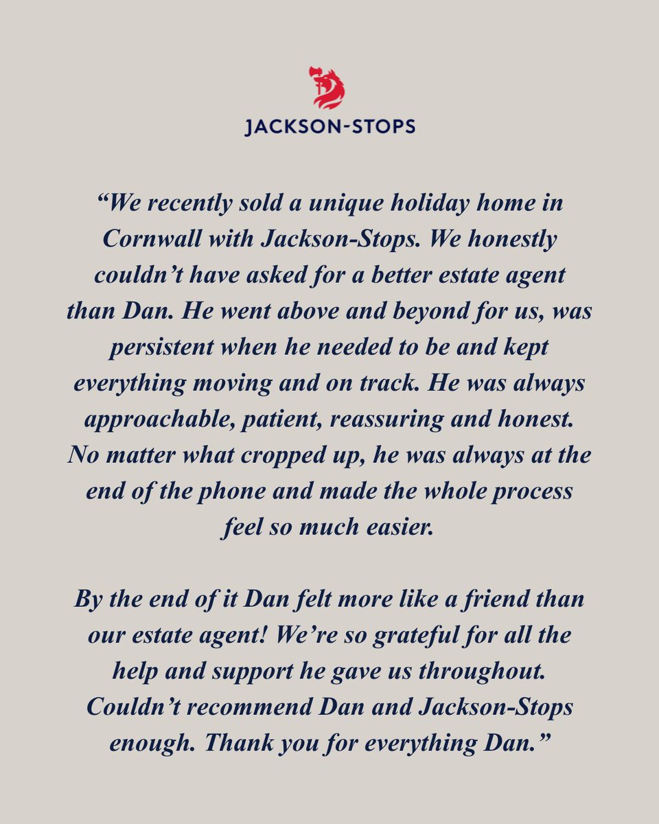 JS_Cornwall's tweet photo. "Dan felt more like a friend than our estate agent!" Thank you, Gemma. 

Selling a holiday home in Cornwall? Talk to the Truro team about a market appraisal.
01872 261160
cornwall@jackson-stops.co.uk

#truro #cornwall #holidayhome #jacksonstops https://t.co/XSo5YrNnrr