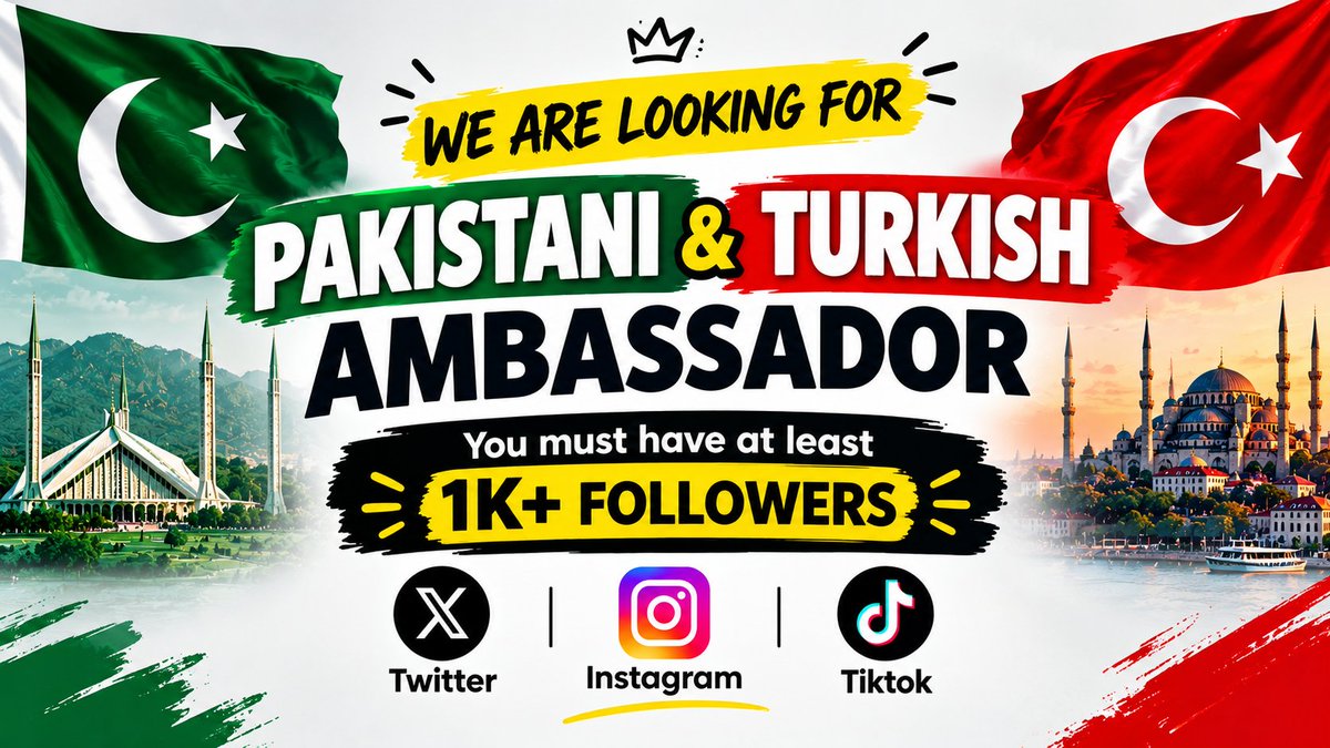 Albraju36's tweet photo. 🚨 Looking for Pakistani &amp; Turkish Ambassadors 🇵🇰🇹🇷

Have 1K+ followers on:

𝕏 Twitter 
Instagram 
TikTok

💰 1K+ followers → $4 per post
🔥 10K+ followers → $8 per post
📅 Up to 8 posts per month

Interested? DM me 📩
@Albraju36

#Ambassador #Pakistan #Turkey #Web3 #Crypto https://t.co/CgEON35AMZ