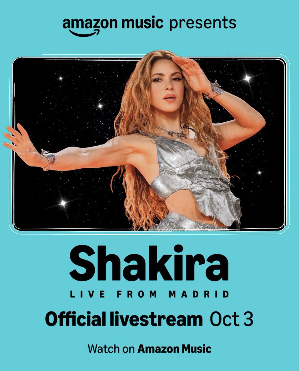 PopCrave's tweet photo. Amazon Music announces global livestream of Shakira’s ‘Las Mujeres Ya No Lloran’ world tour from Madrid on October 3rd.

The stream will begin at 7:45pm BST with no subscription required to view. https://t.co/5dj4H37Hem