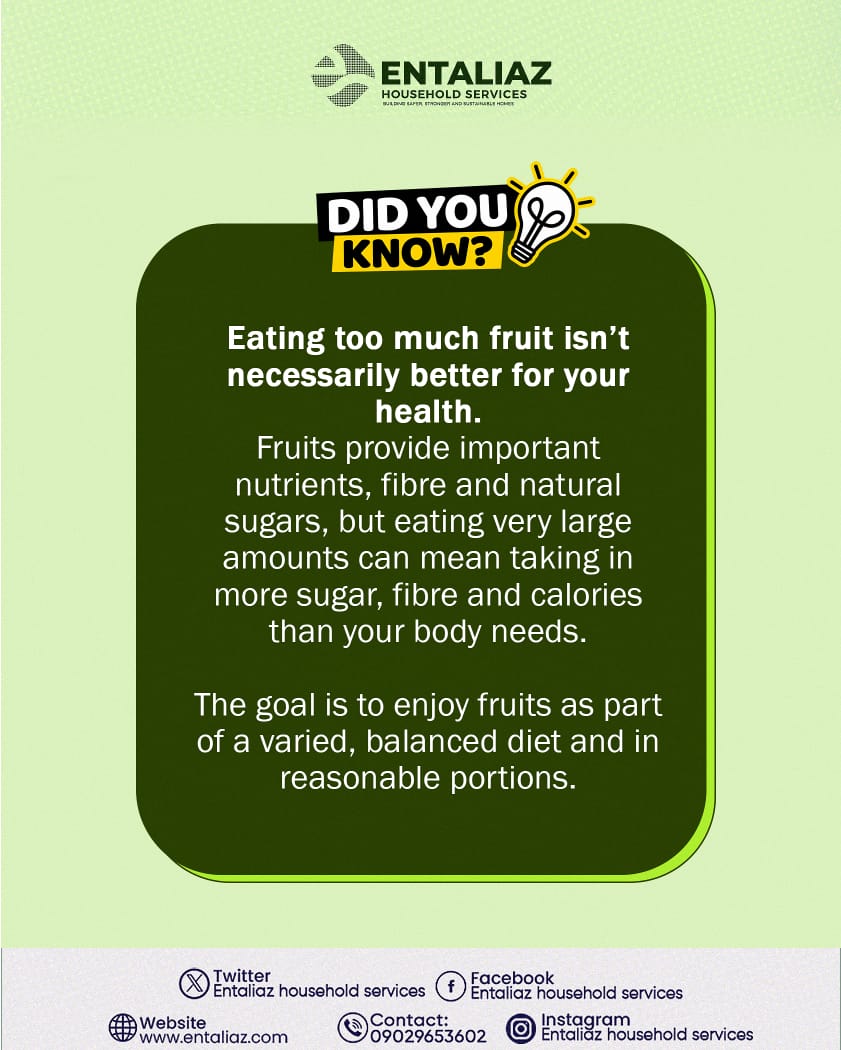 entaliaz's tweet photo. Fruit is good for you, but that doesn’t mean you should eat excess.
Like other foods, fruit is best enjoyed in reasonable portions. A balanced diet is about variety, not excess.
#fruits #healthy #nutritiontips #balancediet https://t.co/fdeEa8Y2pt