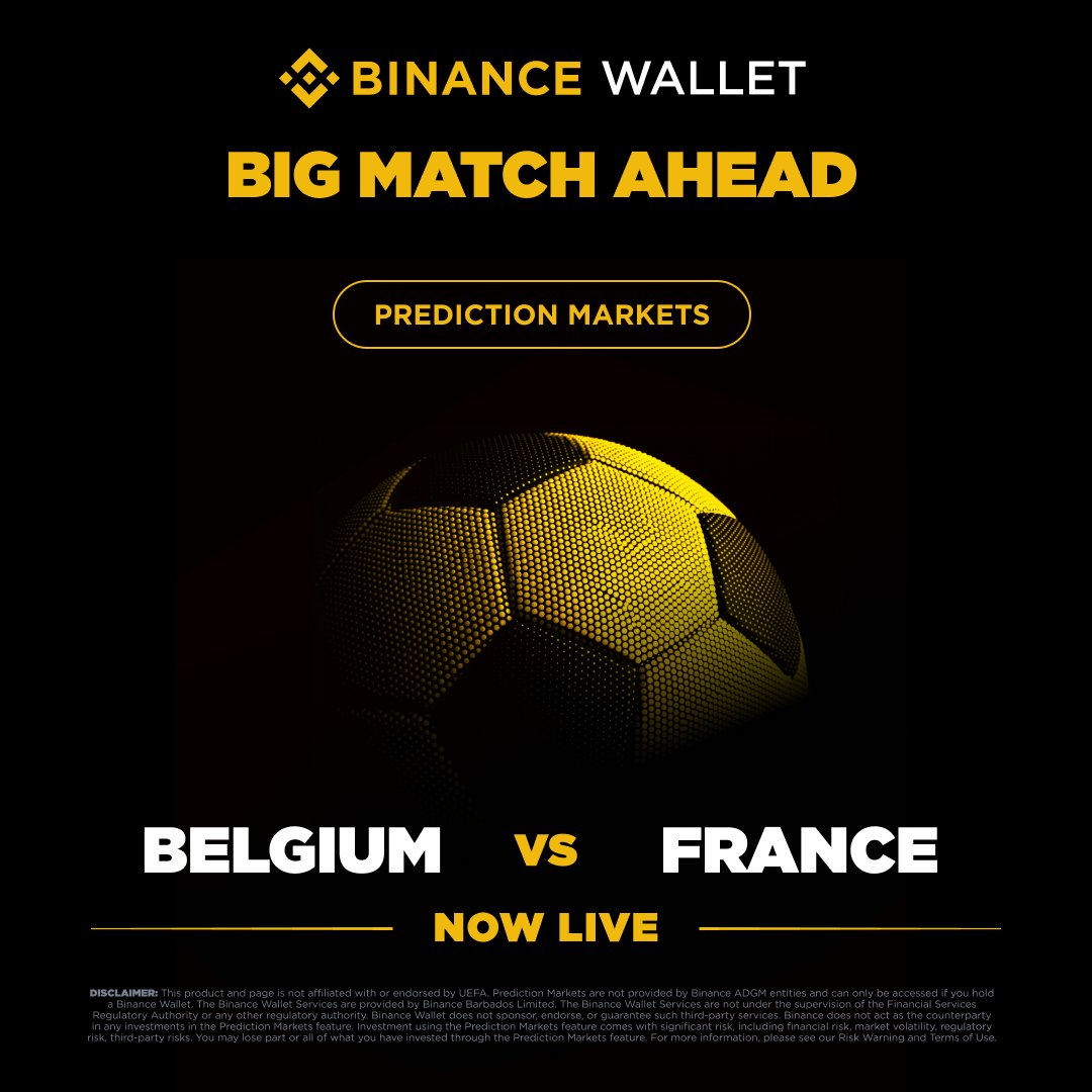 BinanceWallet's tweet photo. ⚽ Every time these two meet, it matters. Tonight is no different.

Belgium vs. France Prediction Market is now live.

Les Bleus arrive in Brussels hungry for more. Can Belgium stop them?

Join the PnL Trading Competition and compete for a share of a 100,000 USDT prize pool!

Join now: https://t.co/4AiYUVNAfZ
