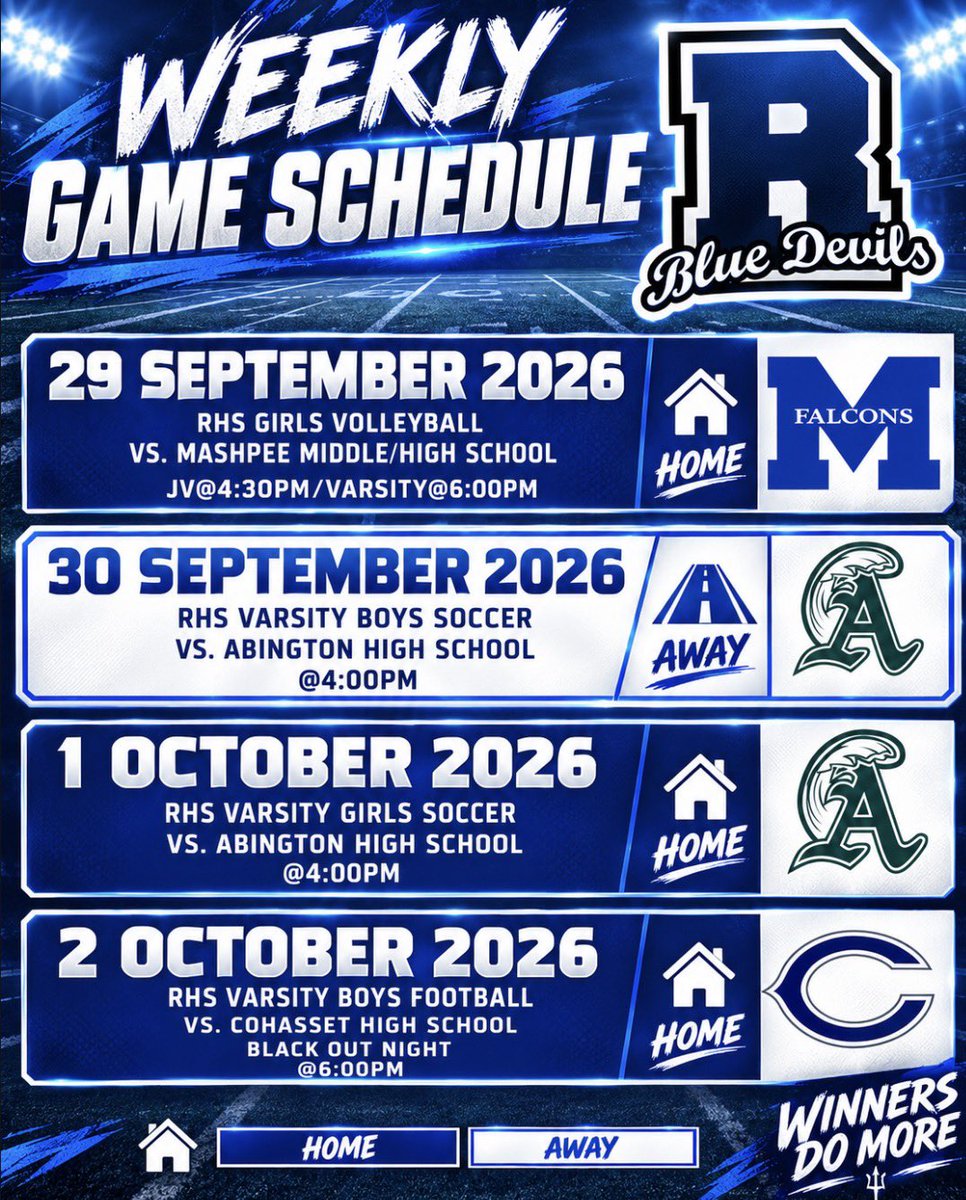 BlueDevilsRHS's tweet photo. 🚨This week’s Blue Devils weekly game schedule. Featuring South Shore League matchups‼️ https://t.co/EvLJV7gPSj