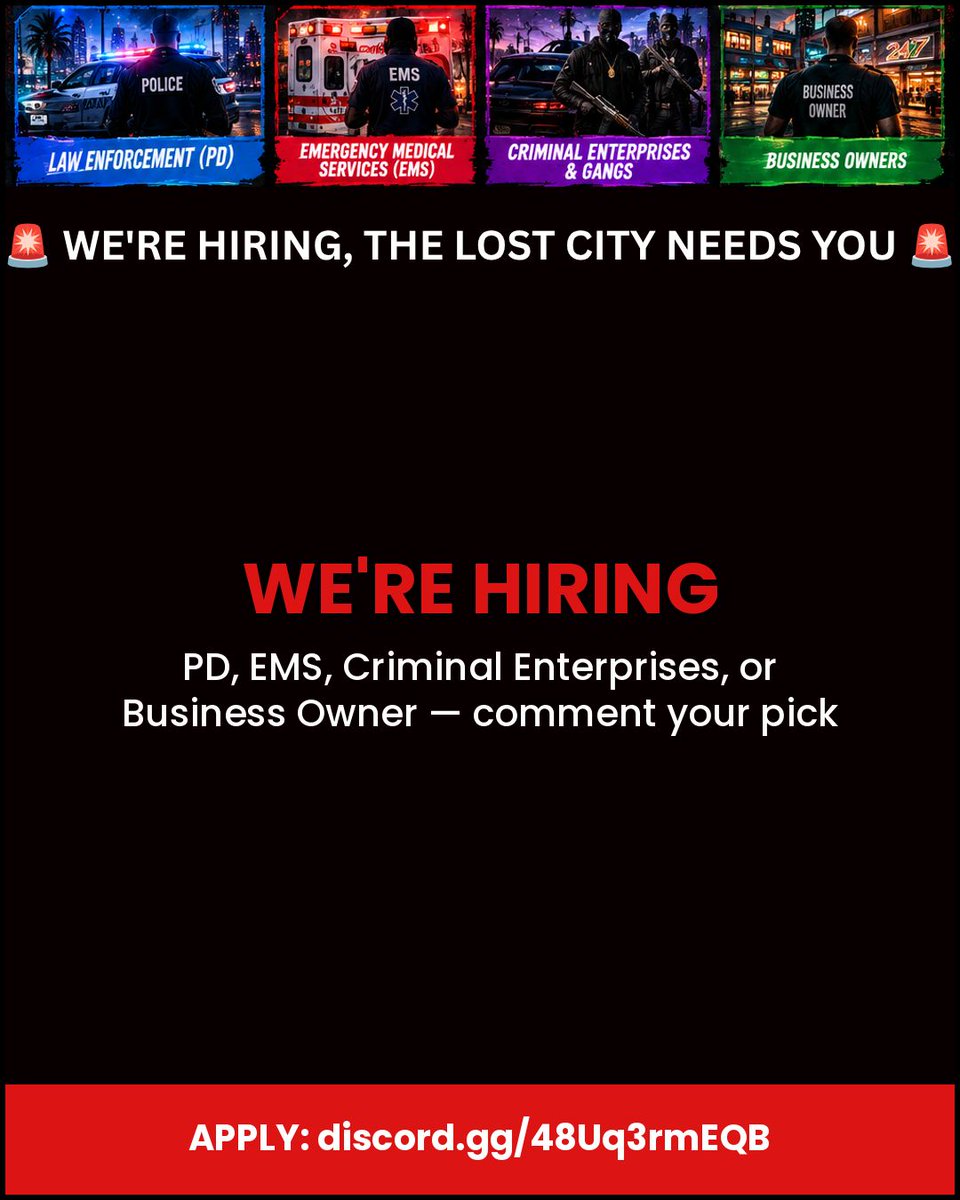 gods_trooper's tweet photo. 🚨 WE'RE HIRING, THE LOST CITY NEEDS YOU 🚨
Open positions across the whole city:
👮 Law Enforcement (PD)
🚑 Emergency Medical Services
🔫 Criminal Enterprises &amp; Gangs
🏪 Business Owners

Whatever path you choose, your choices actually matter here.
Comment which role you'd pick https://t.co/3Q4urCoiIA