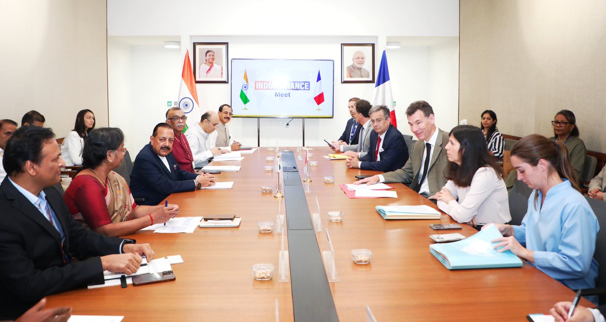DrJitendraSingh's tweet photo. #French Minister for Higher Education, Research and Space, Prof Philippe Baptiste, currently on India visit, called on accompanied by a high level delegation.

The long-standing relationship between the two countries provides an opportunity to build a larger ecosystem by bringing together governments, research institutions, industries and StartUps.

India-France Space cooperation is as old as the two countries’ respective Space agencies, with the partnership progressing from sounding rocket experiments in the 1960s to present-day human spaceflight.  Megha-Tropiquesand SARAL, jointly built by #ISRO and CNES, as well as cooperation in launch vehicle engine development, are some of the milestones of this enduring partnership. The realisation of the third joint satellite, TRISHNA, is also progressing well.

In the wider context, India-France scientific cooperation exists spanning biotechnology, digital sciences and technologies and ocean sciences. There is continuing engagement through institutions and mechanisms such as CEFIPRA and Indo-French joint centres.

Also complimented the French Minister for the successful conduct of the recently held "International Space Summit" which carried a virtual message from Prime Minister of India, Sh @narendramodi.