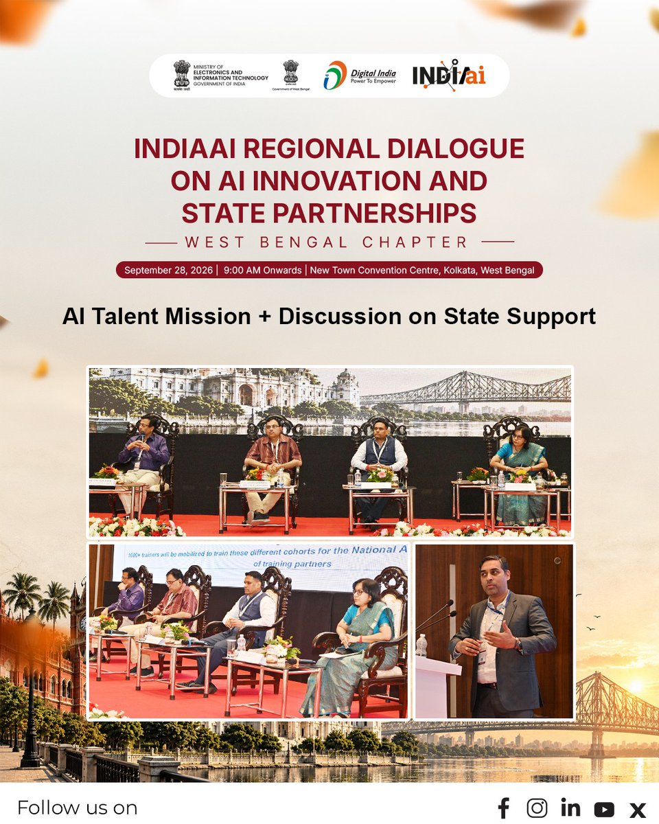 OfficialINDIAai's tweet photo. Building a nationwide pool of AI pioneers!

The session on the AI Talent Mission & Discussion on State Support at the IndiaAI Regional Dialogue in Kolkata focused on scaling skilling initiatives, mobilizing training partners, and aligning central and state-level support to cultivate robust AI talent across India.

#IndiaAI #AITalentMission #FutureSkills #DigitalIndia #ArtificialIntelligence 

@AshwiniVaishnaw @JitinPrasada @SecretaryMEITY @sudeep_tweets @_DigitalIndia @GoI_MeitY @mygovindia @news_webel
