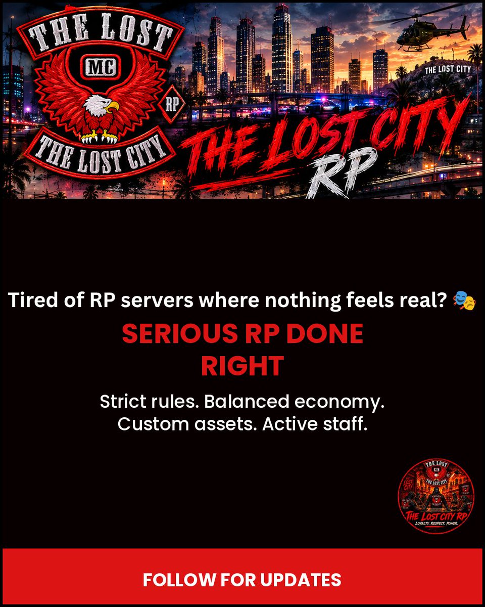 gods_trooper's tweet photo. Tired of RP servers where nothing feels real? 🎭
The Lost City RP is built different:
✅ Strict, serious RP — zero tolerance for rulebreaks
✅ Balanced player-driven economy
✅ Custom vehicles, clothing &amp; assets
✅ Active staff &amp; dev team

This isn't just a server. It's a city. https://t.co/WjGDsGuf8Q