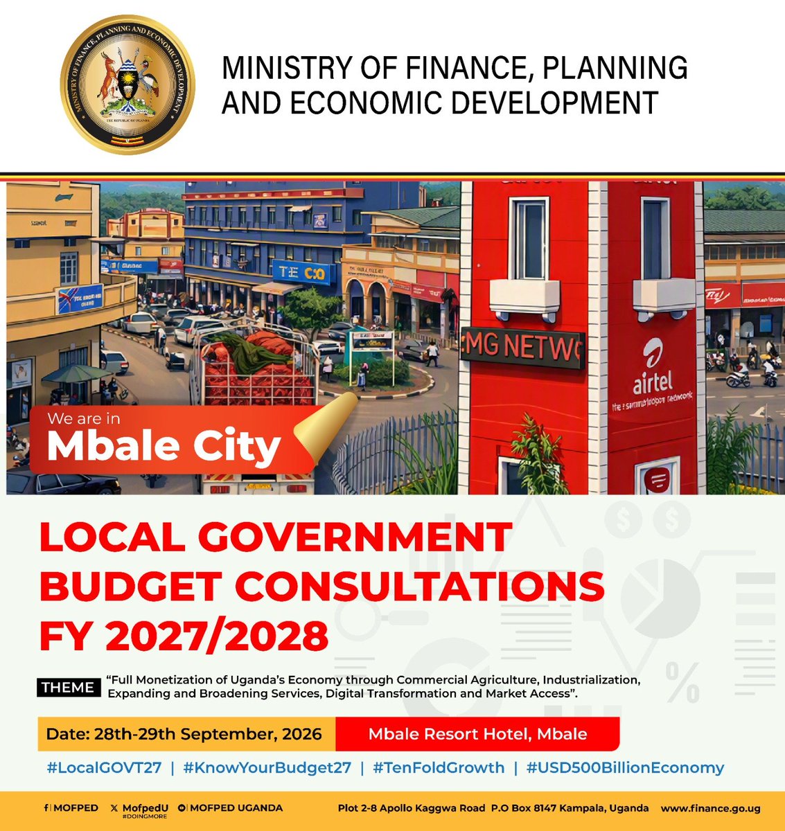 CSBAGUGANDA's tweet photo. 📍MBALE FY2027/28 LOCAL GOVERNMENT BUDGET CONSULTATIONS
Deputy Secretary to the Treasury (DST) Patrick Ocailap representing the Finance Minister IN Mbale Resort.  The District Local Governments here are: Moroto, Nakapiripirit, Kween, Bukwo, Amudat, Jinja, Jinja City & Moroto Municipality.

He challenged local governments to create the necessary conditions for investment, production and market access in line with the aspirations of Uganda's Tenfold Growth Strategy. #KnowYourBudget27
@ACODE_Uganda @SEATINIUGANDA @FRAUGANDA @tiuganda1 @wecisnet @SensitiseUg @NGOFORUMGULU @REAP_UGANDA @MoLGUganda @JuliusMukunda