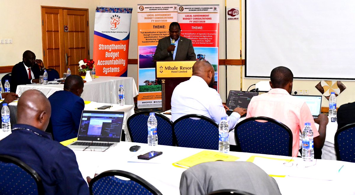 CSBAGUGANDA's tweet photo. 📍MBALE FY2027/28 LOCAL GOVERNMENT BUDGET CONSULTATIONS
Deputy Secretary to the Treasury (DST) Patrick Ocailap representing the Finance Minister IN Mbale Resort.  The District Local Governments here are: Moroto, Nakapiripirit, Kween, Bukwo, Amudat, Jinja, Jinja City & Moroto Municipality.

He challenged local governments to create the necessary conditions for investment, production and market access in line with the aspirations of Uganda's Tenfold Growth Strategy. #KnowYourBudget27
@ACODE_Uganda @SEATINIUGANDA @FRAUGANDA @tiuganda1 @wecisnet @SensitiseUg @NGOFORUMGULU @REAP_UGANDA @MoLGUganda @JuliusMukunda