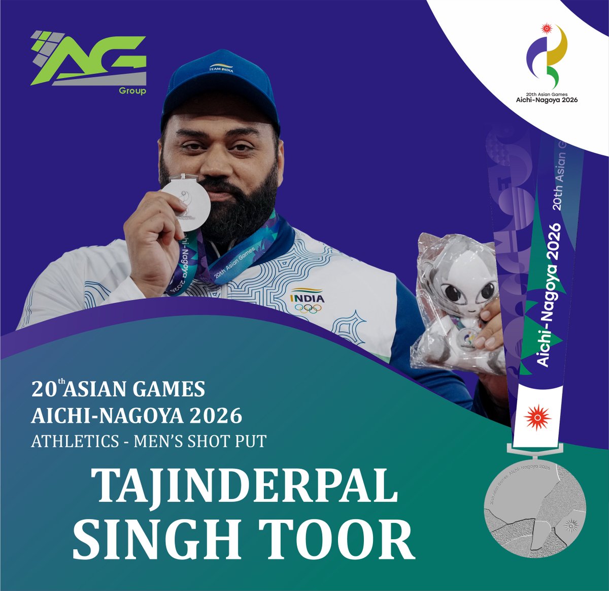 AGHorizonPvtLtd's tweet photo. 🥈🇮🇳 POWERFUL THROW, SILVER MEDAL! Huge congratulations to Tajinderpal Singh Toor for taking home Silver in Men's Shot Put at the 20th Asian Games, Aichi-Nagoya 2026. A magnificent display of athletic power! #AsianGames2026 #TajinderpalSinghToor #ShotPut #AGHorizon https://t.co/jhWs3iG7JB