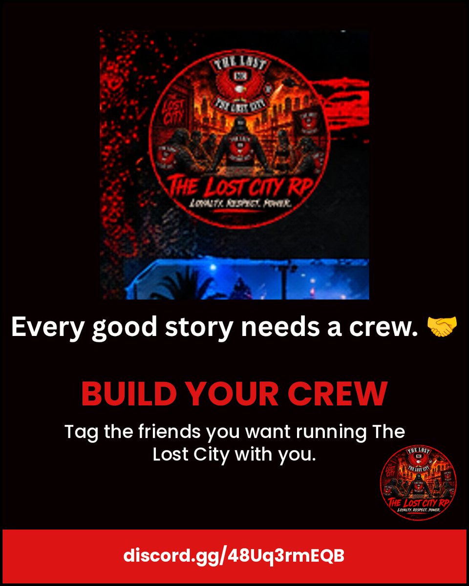 gods_trooper's tweet photo. Every good story needs a crew. 🤝
Tag the friends you want running The Lost City with you — cops, criminals, medics, business owners, doesn't matter. Build your crew before the city fills up.

Join the Discord and let's get you set up: https://t.co/14bsqcq9Av https://t.co/Ukeac5LqTD