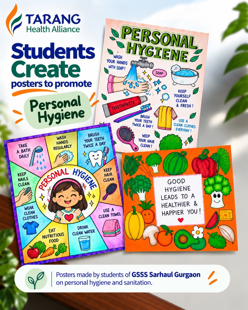 TarangHealth's tweet photo. 🌿 Healthy habits start young! These creative posters by students of GSSS Sarhaul Gurgaon spread awareness about personal hygiene, cleanliness, healthy eating & sanitation. 🧼🥗🪥#PersonalHygiene #HealthAwareness https://t.co/Y9K1ufy1RP