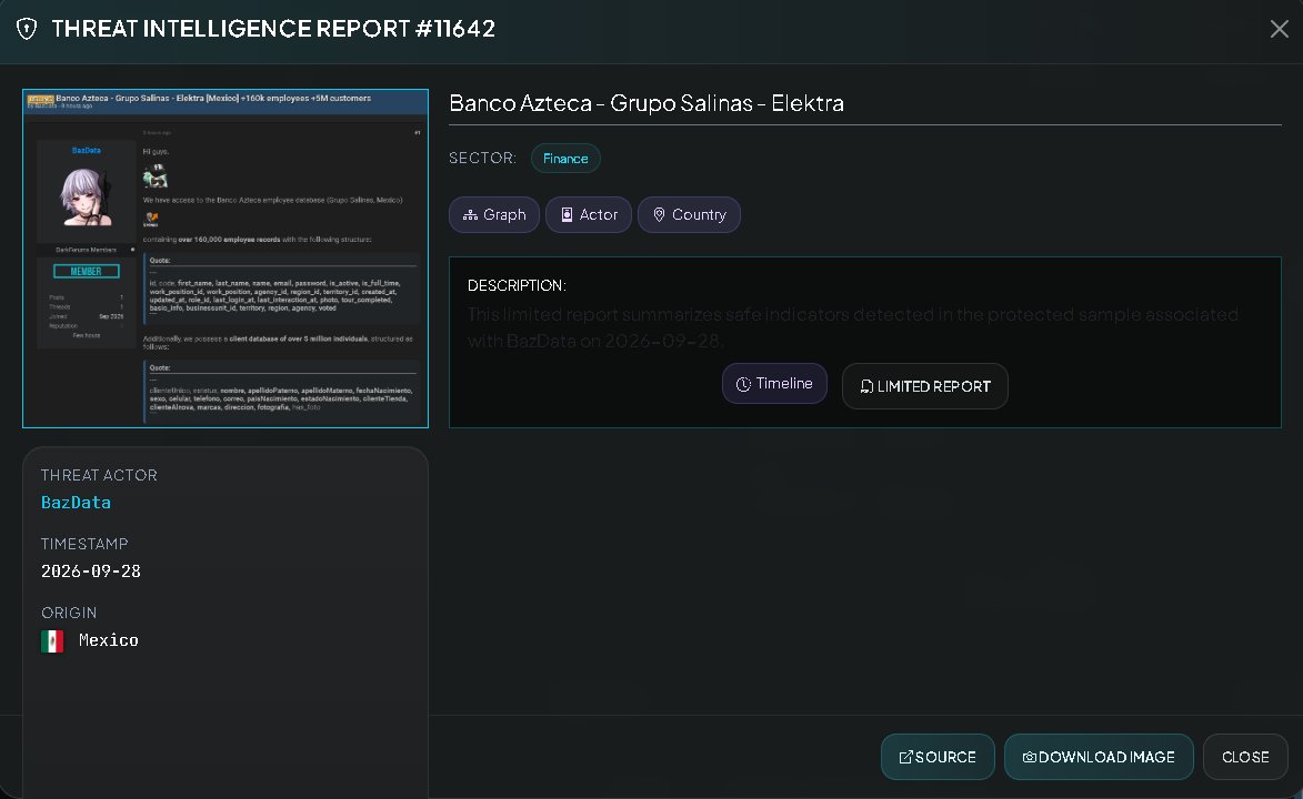 VECERTRadar's tweet photo. ⚠️ PREVENTIVE ALERT 🇲🇽 🏦: ALLEGED SALE OF EMPLOYEE AND CUSTOMER DATABASES FROM BANCO AZTECA, GRUPO SALINAS, AND ELEKTRA (ACTOR: BAZDATA)

[STATUS: UNCONFIRMED / THREAT ACTOR: BAZDATA / DATE: SEPTEMBER 28, 2026]

Centralized cyber-intelligence monitoring has detected a major post on underground forums (DarkForums) made on September 28, 2026, by the user "BazData." The post announces the possession and availability for sale of corporate and customer databases belonging to Banco Azteca, Grupo Salinas, and Elektra stores in Mexico.

It is strictly noted that the veracity of this compromise and the authenticity of the records have not been officially confirmed by the affected financial or business institutions.

🌐 INCIDENT SUMMARY AND TARGETS

Threat Actor: BazData

Victim / Affected Entity: Banco Azteca, Grupo Salinas, and Elektra (Mexico).

Sector: 🏦 Banking, Financial Services, and Retail.

Target Country: Mexico 🇲🇽.

Claimed Data Volume:

Employee Database: Over 160,000 records.

Customer Database: Over 5 million individuals.

- Unconfirmed. 🔍 TECHNICAL BREAKDOWN OF DATA STRUCTURE

Based on the metadata and technical schemas presented by the threat actor on the underground forum, the exposed information is divided into two main components:

Employee Database Structure (+160k records):

Included fields: id, code, first_name, last_name, name, email, password, is_active, is_full_time.

Organizational and control information: work_position_id, work_position, agency_id, region_id, territory_id, created_at, updated_at, role_id, last_login_at, last_interaction_at.

Additional metadata: photo, tour_completed, basic_info, businessunit_id, territory, region, agency, voted (includes employee photographs).

Customer Database Structure (+5M records):

Identification and personal details: clienteUnico, estatus, nombre, apellidoPaterno, apellidoMaterno, fechaNacimiento, sexo.

Contact and location data: celular, telefono, correo, paisNacimiento, estadoNacimiento, direccion.

Commercial and biometric classification: clienteTienda, clienteAlnova, marcas, fotografia, has_foto (includes customer photographic records).

🛡️ TECHNICAL PREVENTIVE CONTAINMENT RECOMMENDATIONS (SOC / CSIRT / BANKING)

Credential Invalidation and Rotation: The financial institution's security teams must immediately revoke passwords and access tokens for all employee profiles exposed in the schema.

Enhanced Transaction Monitoring: Establish strict behavioral alerts across digital platforms and service channels to detect atypical activity or unauthorized access attempts associated with the millions of allegedly affected customers. 

🖥️ CENTRALIZED THREAT MONITORING SYSTEM

Intelligence System: https://t.co/wk9bZJ2Nli
Quickly check your security at: https://t.co/QZhWp0kFrO
Quotes and services: https://t.co/sx3BM5zbnK

#Cybersecurity #ThreatIntel #DataLeak #BancoAzteca #GrupoSalinas #Elektra #Mexico #BankingSecurity #InfoSec #CyberAlert #VECERT #SOC #CSIRT #Unconfirmed #SecurityAlert