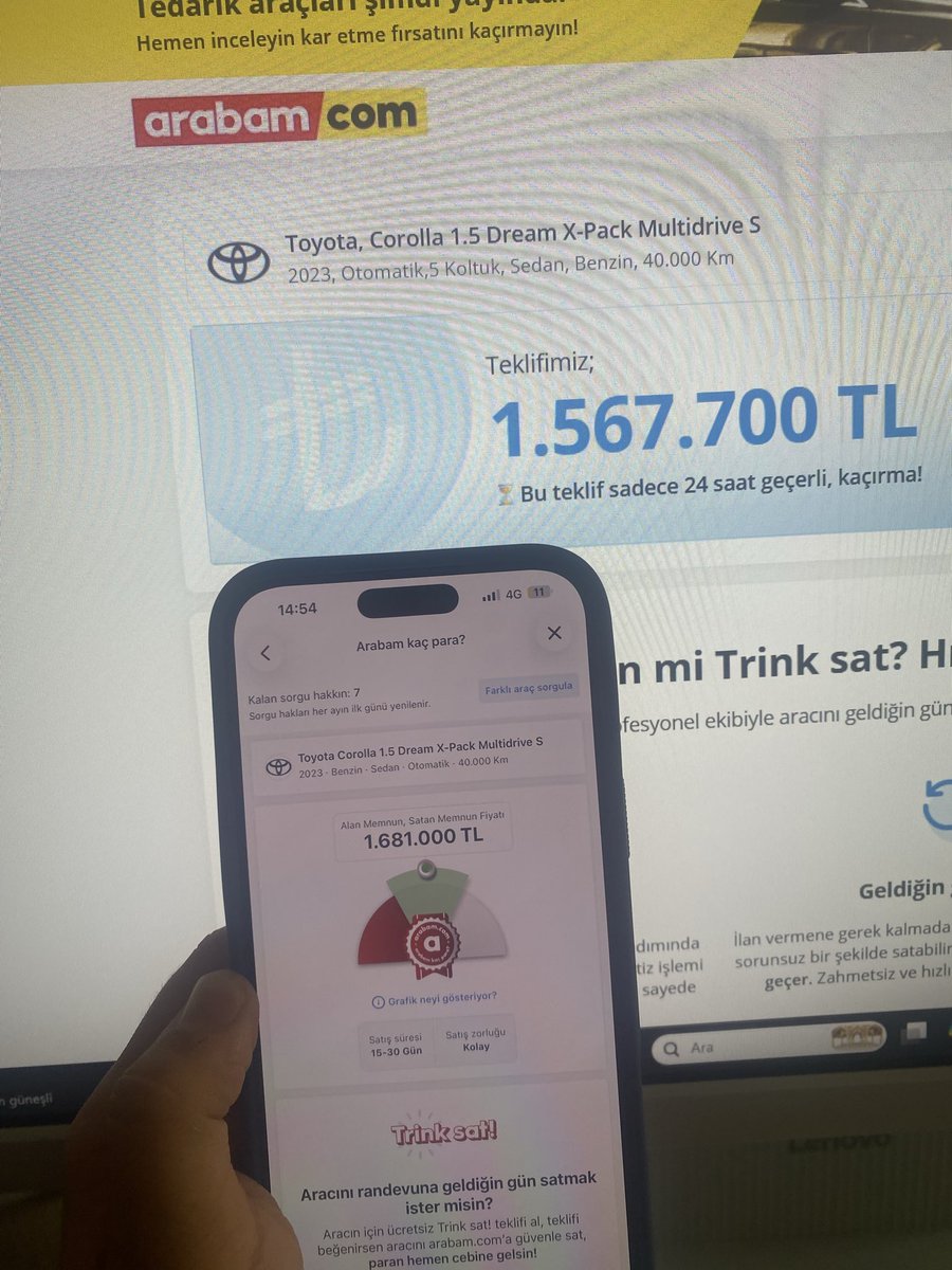 27kan1905's tweet photo. @arabamcom fiyat aldım PC 1.567.700 verdi telefondan aldım 1.681.00 veriyor her şeyini aynı girdim insanlarımı yanıltıyorsunuz yoksa esnafları mı https://t.co/wdZ8NSYb21