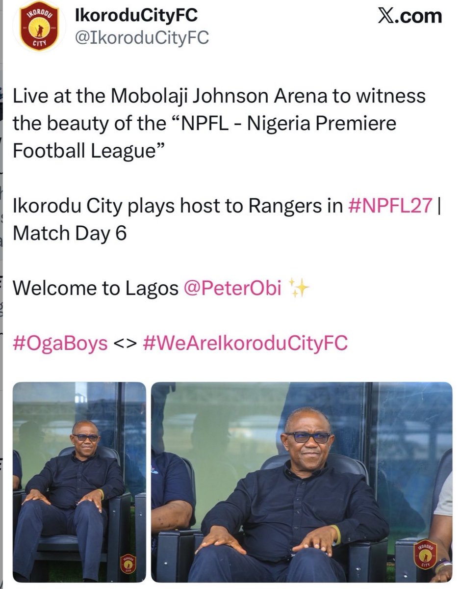 firstladyship's tweet photo. Ikorodu City FC deleted its post welcoming Peter Obi to the stadium &amp; untagged itself from many tweets. No institution or organization is allowed to publicly identify with Peter Obi. I hope we don’t forget this period in our history. https://t.co/iuxPTjweYz