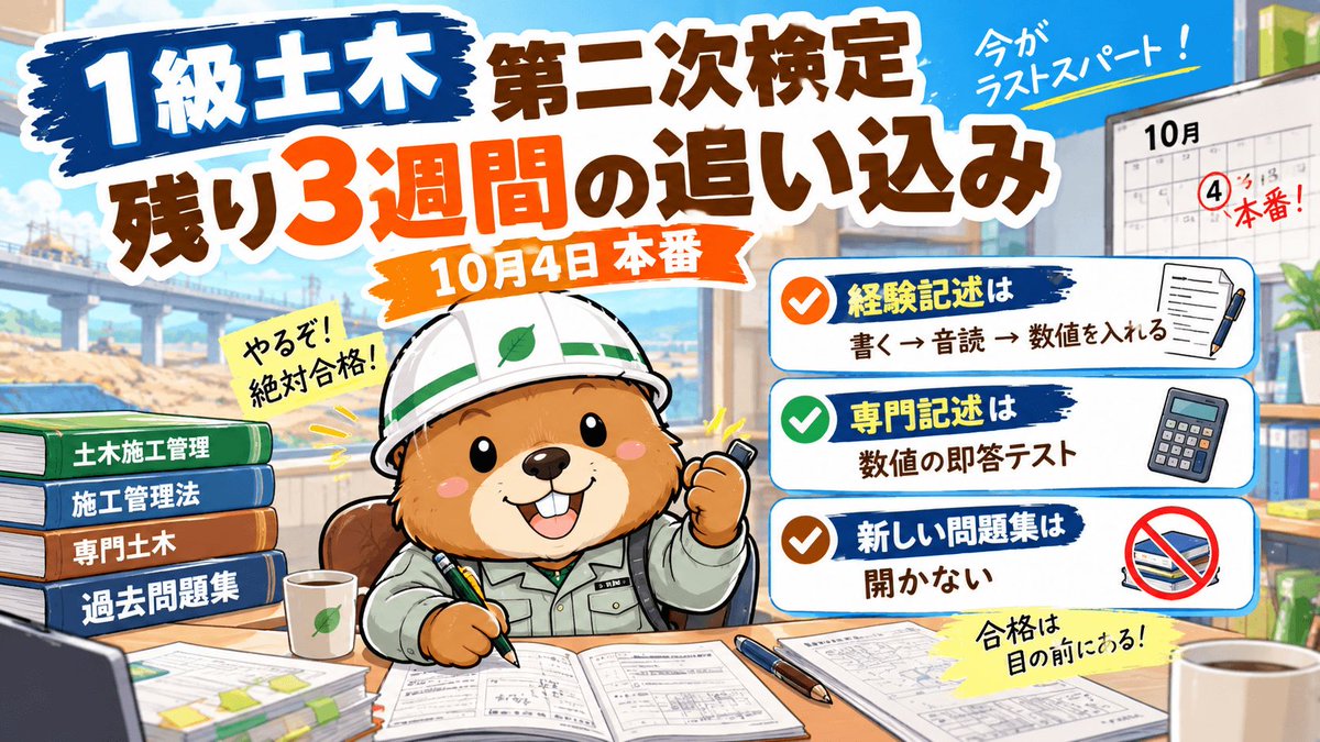 sekokantaro_com's tweet photo. 【残り1週間でやること、3つだけ】

・経験記述の音読（1日1回、3テーマとも）
・数値の即答テスト（1日3回、各3分）
・×をつけた問題だけ見直す

これ以外はやらなくていいです👇
https://t.co/rBEuojF9nR

#1級土木施工管理技士 #第二次検定 #独学 https://t.co/1bg4h4biI8