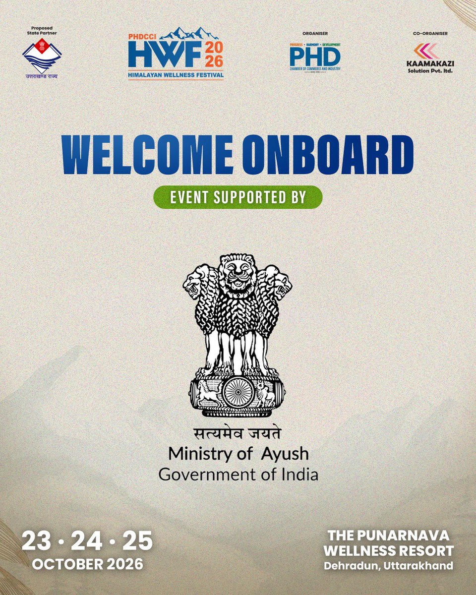 HimalayanWell's tweet photo. Welcome, Ministry of Ayush, to the Himalayan Wellness Festival 2026!

Ancient wisdom. Modern wellness. Himalayan setting.

Know more : https://t.co/4cj2ogqxnq

#HimalayanWellnessFestival #HWF2026 #PHDCCI #MinistryOfAyush #Ayush #Ayurveda #Yoga 

@moayush https://t.co/7Lc29eIDQK