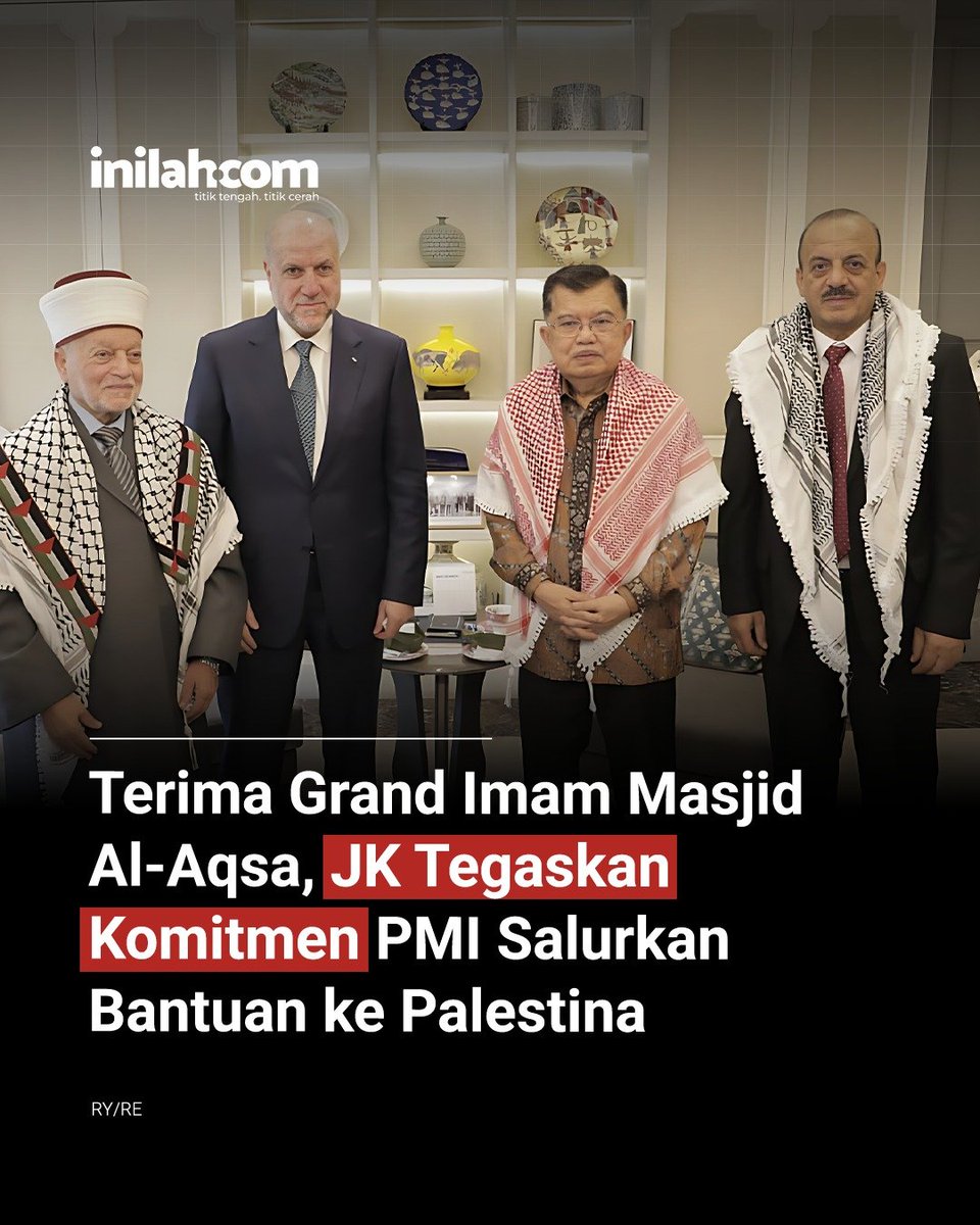 inilahdotcom's tweet photo. Ketua PMI Jusuf Kalla menerima kunjungan Grand Imam Masjid Al-Aqsa Mahmoud Sudqi Al-Habbash dan Dubes Palestina untuk Indonesia Abdulfattah A.K. Al-Sattari di Jakarta.

Pertemuan ini menjadi momentum untuk menegaskan kembali komitmen bantuan kemanusiaan Indonesia bagi masyarakat Palestina melalui PMI, sekaligus mendorong perdamaian yang adil dan berkelanjutan.

https://t.co/CwHYB9KiTb