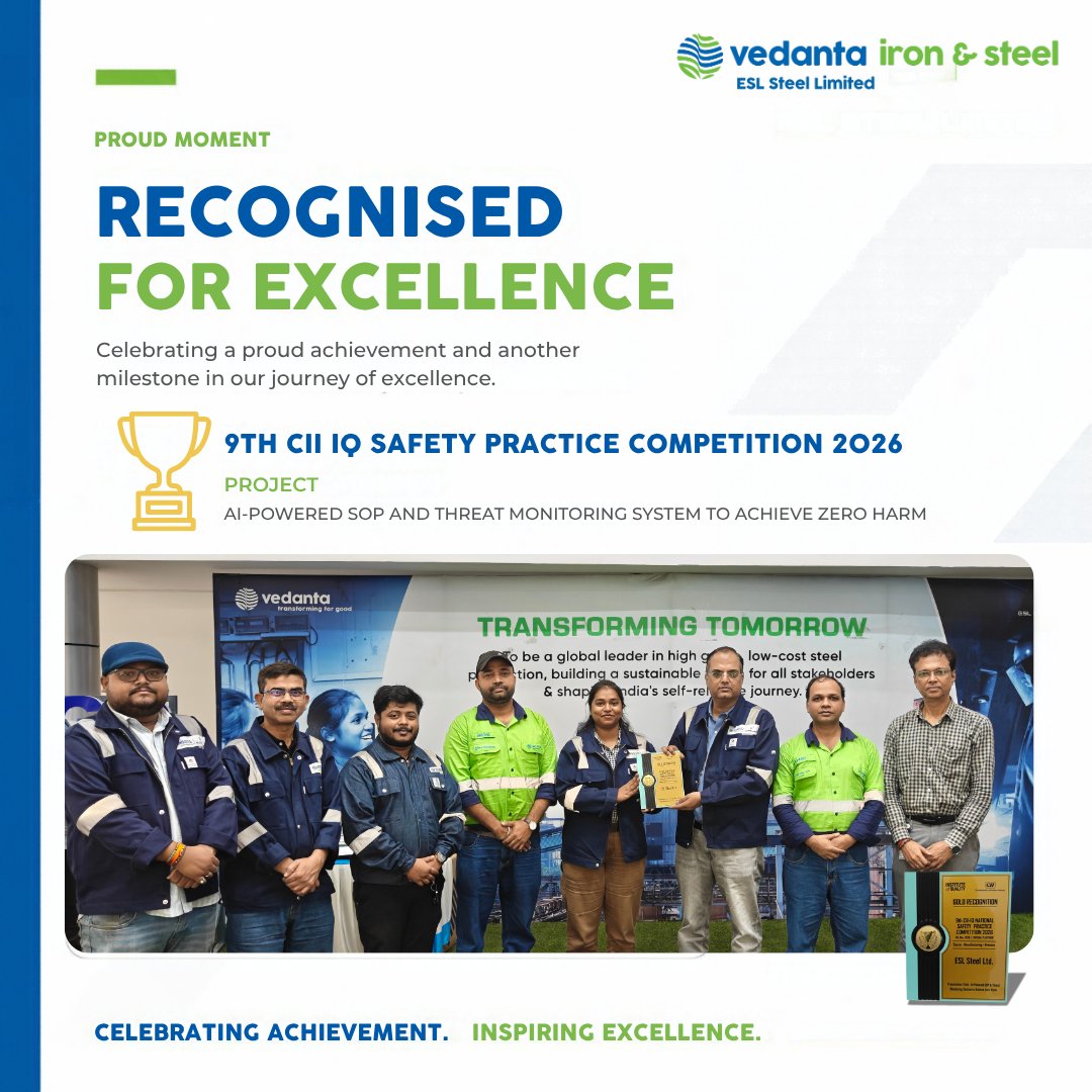 ESLSteelLimited's tweet photo. Advancing safety through innovation! Our team showcased the AI-Powered SOP and Threat Monitoring System to Achieve Zero Harm at the 9th CII IQ Safety Practice Competition 2026, driving safer and smarter operations.  

​#ESL #VISL #ZeroHarm https://t.co/4GVTRxoJnL