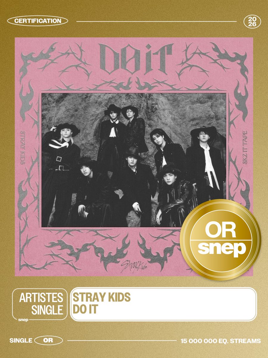 snep's tweet photo. Le titre « Do It » de Stray Kids est certifié Single Or ! 📀

15 000 000 équivalents streams 🎧

Bravo ! 👏 https://t.co/ivdCPeQ2Ts