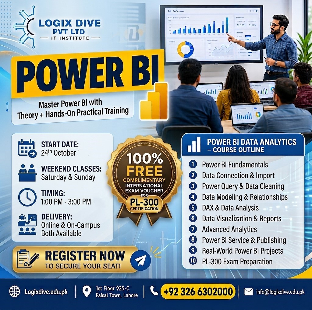 logixdive's tweet photo. MASTER POWER BI WITH PRACTICAL, JOB-READY SKILLS!
24th October 2026
Saturday & Sunday
+92 326 6302000
https://t.co/MQimCcOJzI
Register Now & Secure Your Seat!
https://t.co/mxGuko2rjn
#PL300 #BusinessIntelligence #DAX #TechSkills #ITTraining #LogixDive #ProfessionalTraining https://t.co/3TekdxueyE