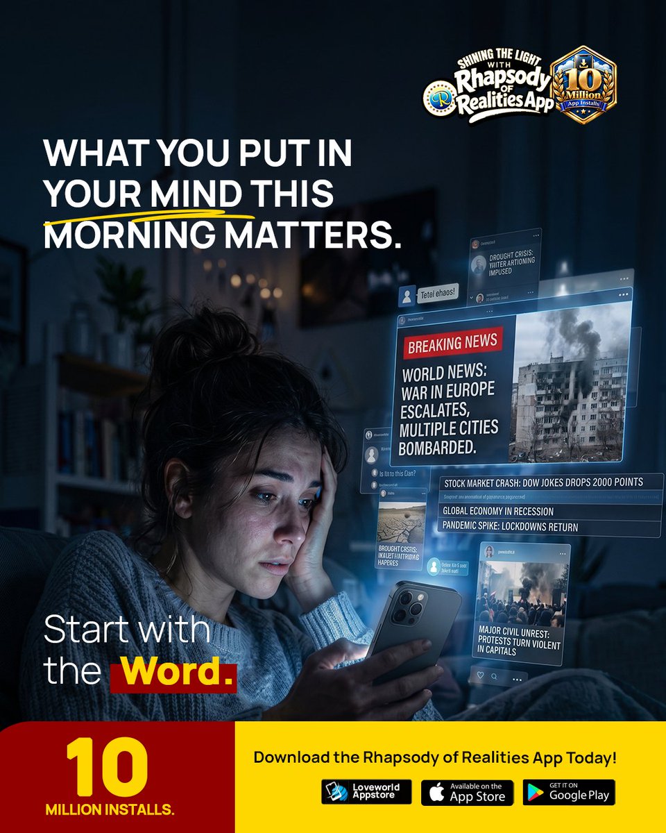 RhapsodyDaily's tweet photo. What you put in your mind this morning matters. Before the headlines, the notifications, and everything competing for your attention, there's a choice about what gets to speak first into your day.

The world will always have something loud to say. But what if the first voice you heard today was the one that actually steadies you? Start with the Word. 

#rhapsodyofrealities #pastorchris #rhapsodyapp #dailydevotional #wordofgod