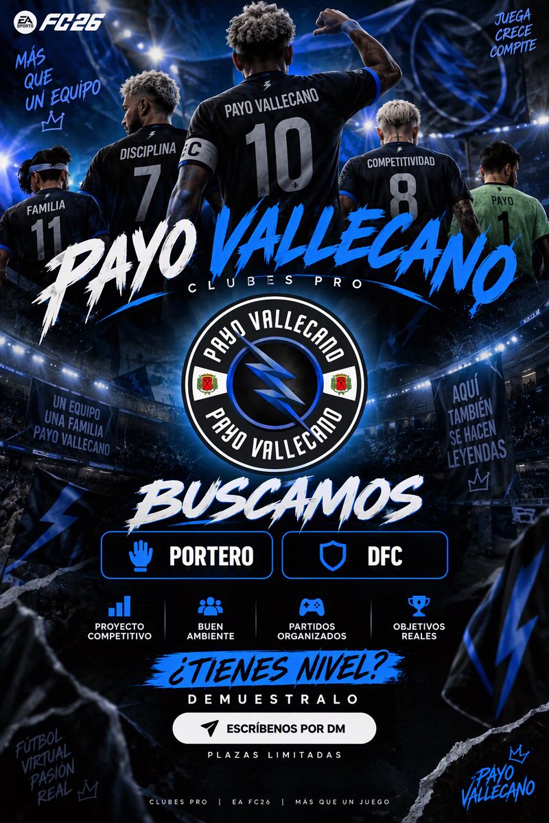PayoVallecano's tweet photo. 🚨 Payo Vallecano FC 27 recluta 🧤 PORTERO y 🛡️ DFC. Buscamos jugadores comprometidos, con ganas de competir y crecer. ¿Crees que tienes nivel? 📩 Escríbenos por DM y demuestra lo que vales. ⚡🔵⚫
#clubespro #eafc27 #ayudaclubes @MundoClubsPro @_chocolate3000 @AyudasPro https://t.co/TKUxQEYNzv