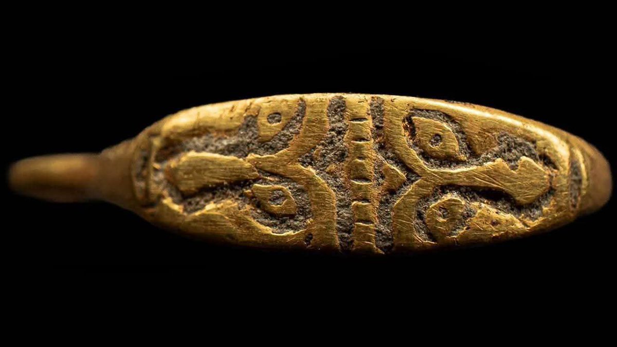 histories_arch's tweet photo. An exceptionally rare, 11th-12th Century CE, gold ring with an engraved two-faced design, discovered during excavations at the Wawel Royal Castle in Kraków, Poland 🇵🇱

Unearthed by archaeologists working at the historic Wawel Hill site, it is the only artifact of its specific kind ever found in Poland and likely belonged to a member of the early elite.

The gold ring is intricately decorated with two opposing anthropomorphic faces engraved on a shield. This elaborate ornamentation sets it apart from other early medieval gold rings discovered in Poland, which typically lack such intricate designs or are adorned with simple geometric patterns.

The discovery occurred within the confines of the castle’s Danish Tower, one of its four residential towers, constructed under the orders of King Władysław II Jagiełło in the late 14th to early 15th Century CE. The ring was found atop the remains of a former stone structure, likely a defensive rampart.

Believed to have been produced locally, the ring’s craftsmanship and style align with the typical aesthetic of the Polish region during the medieval period. It may have belonged to a member of the elite under the Piast dynasty, which ruled Poland from its inception in the 10th Century until the 14th Century CE.

#archaeohistories