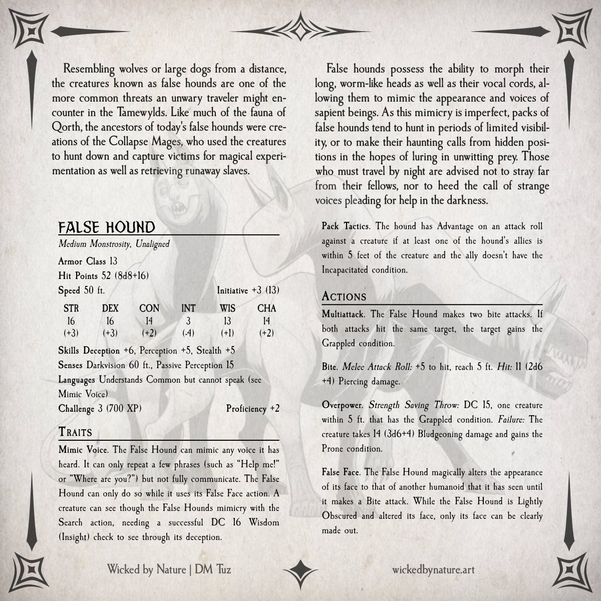 dm_tuz's tweet photo. Wicked by Nature and DM Tuz are teaming up to bring you some cool content!

False Hounds will be a great twist for your next wilderness encounter! Do not trust that familiar voice...or face for that matter.

#dnd5e #dnd #dungeonsanddragons #ttrpg https://t.co/51bneOwnNM