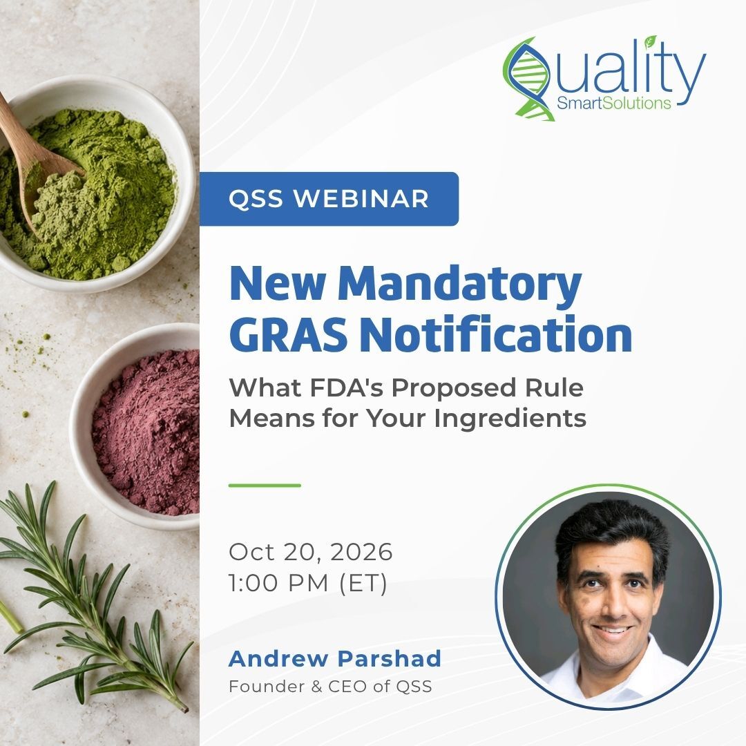 qualitysmart's tweet photo. Have a self-affirmed GRAS conclusion? FDA's proposed rule could still affect you. 📋 Join Andrew Parshad Oct 20, 10 AM PT / 1 PM ET. 👉 https://t.co/bgdllNqoID #GRAS #FDA https://t.co/ovIe4qVpZk