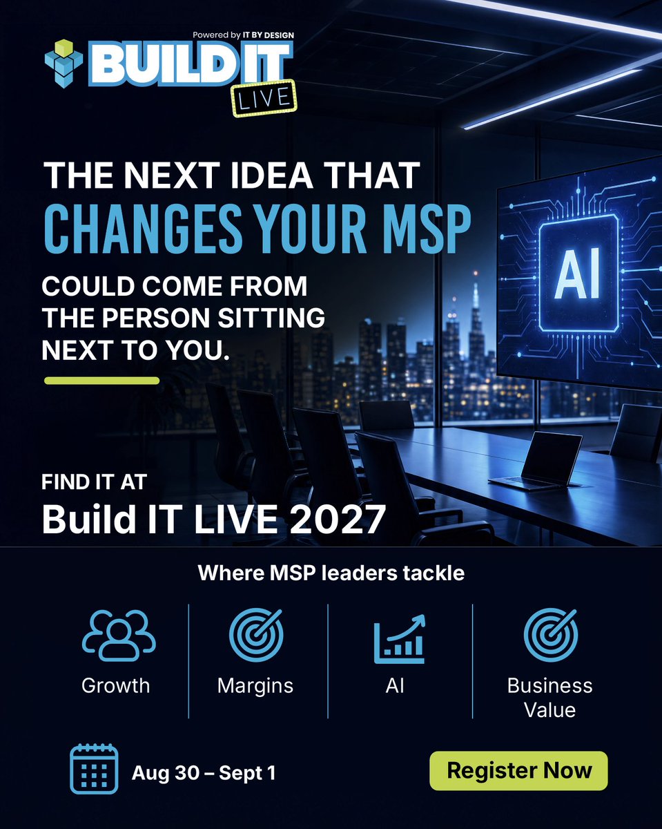 BuildIT_U's tweet photo. There's a point in every MSP journey when you need perspective outside your own bubble. BUILD IT LIVE puts leaders in a room built for that. Aug 30–Sept 1, 2027. 

Get the first mover advantage: https://t.co/LuzZDRIyhB

#BuildITLIVE #MSPLeadership https://t.co/BNYNtN7SOx