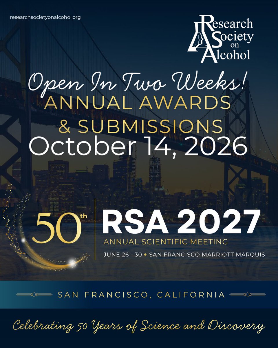 RSAposts's tweet photo. 📣 TWO WEEKS TO GO!

On October 14, submissions and nominations open for the 2027 RSA Annual Scientific Meeting &amp; RSA Annual Awards! 🔬🏆

Start preparing your research—and think about colleagues deserving recognition!

📅 Opens Oct. 14

#RSA2027 #AlcoholResearch #RSA https://t.co/faumLD9NZN