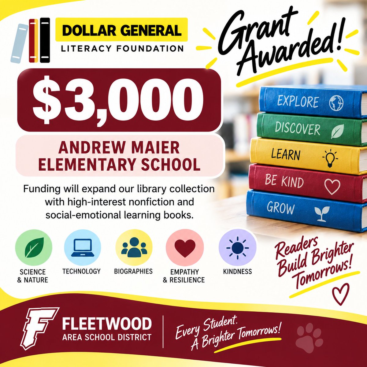 FASDTigers's tweet photo. 📚 Exciting news! Andrew Maier Elementary received a $3,000 Dollar General Literacy Foundation grant to add new nonfiction and social-emotional learning books to our library! 📖✨ https://t.co/0BoqAoXlp2