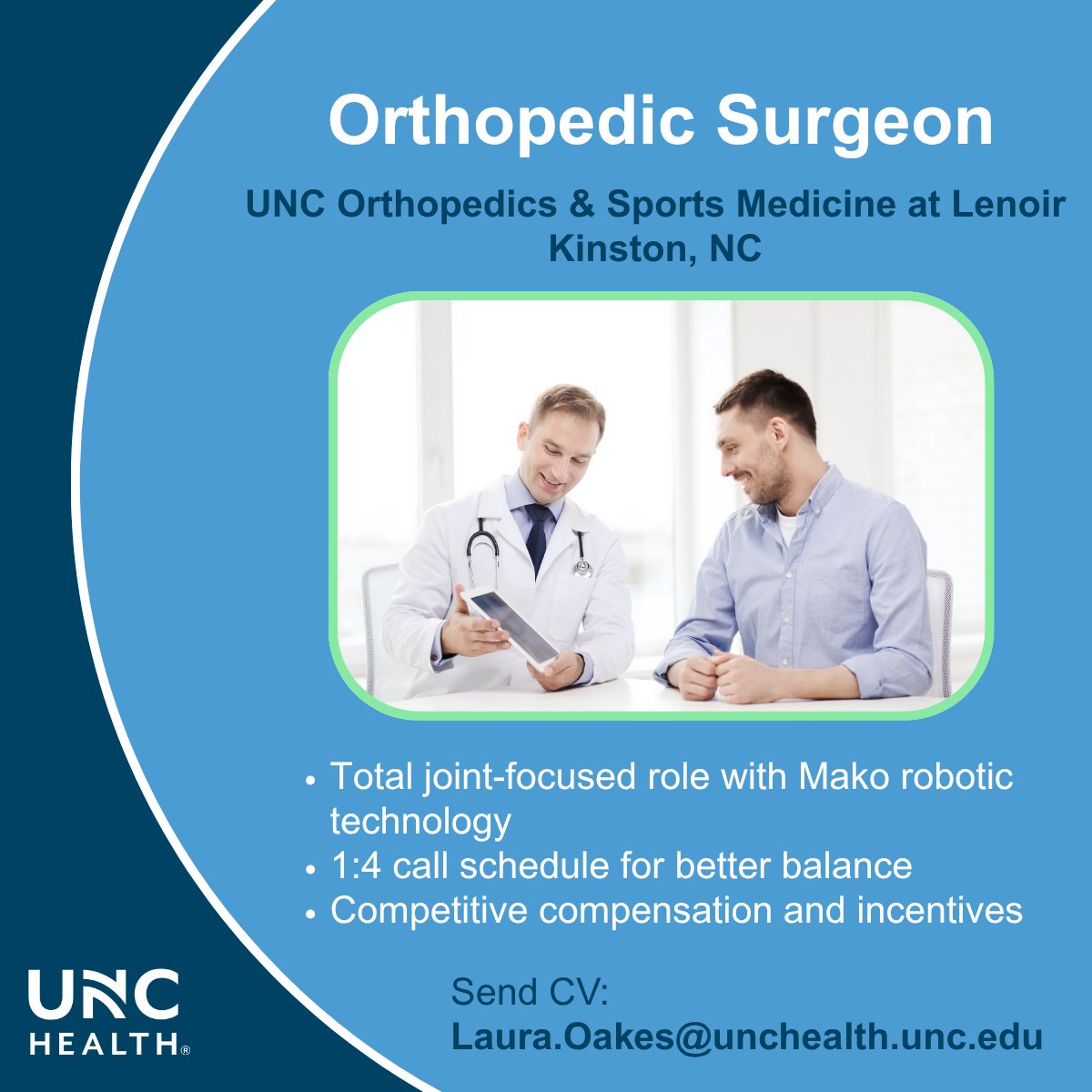 UNCPhysRecruit's tweet photo. UNC Orthopedics &amp; Sports Medicine at Lenoir in Kinston, NC is seeking a General Orthopedic Surgeon with Total Joint Fellowship training or significant joint replacement experience to join a well-established practice in beautiful eastern NC.
Apply here: https://t.co/YY17sCpROP https://t.co/t4hfKNO9vm