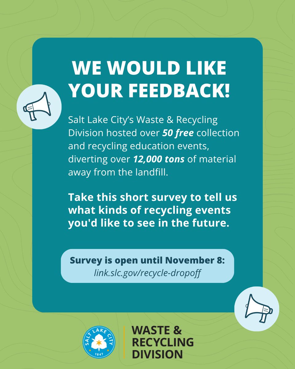 SLCgreen's tweet photo. Salt Lake City’s Waste &amp; Recycling Division needs your help! Take this short survey to tell us what kinds of recycling events you'd like to see in the future. Check out: https://t.co/XW4tw4s0sx. Survey open now until November 8th! https://t.co/yckd1xsvfX