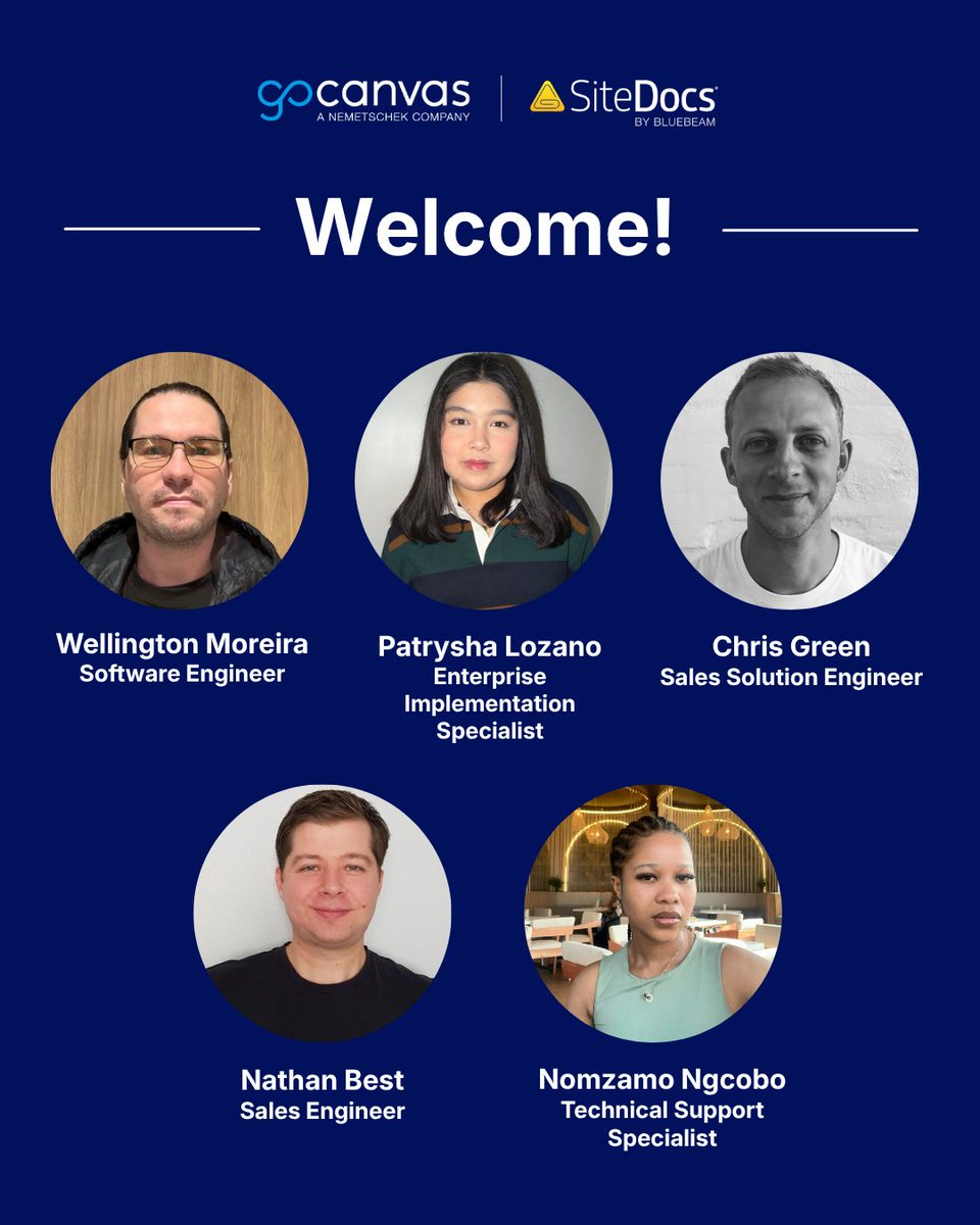 GoCanvas's tweet photo. Meet the newest members of the GoCanvas x @SiteDocs team!

Please welcome Wellington Moreira, Patrysha Lozano, Chris Green, Nathan Best, and Nomzamo Ngcobo.

We’re glad to have you on board. 🎉

#GoCanvas #SiteDocs #NewTeamMember #CompanyCulture https://t.co/nF09j3XWte